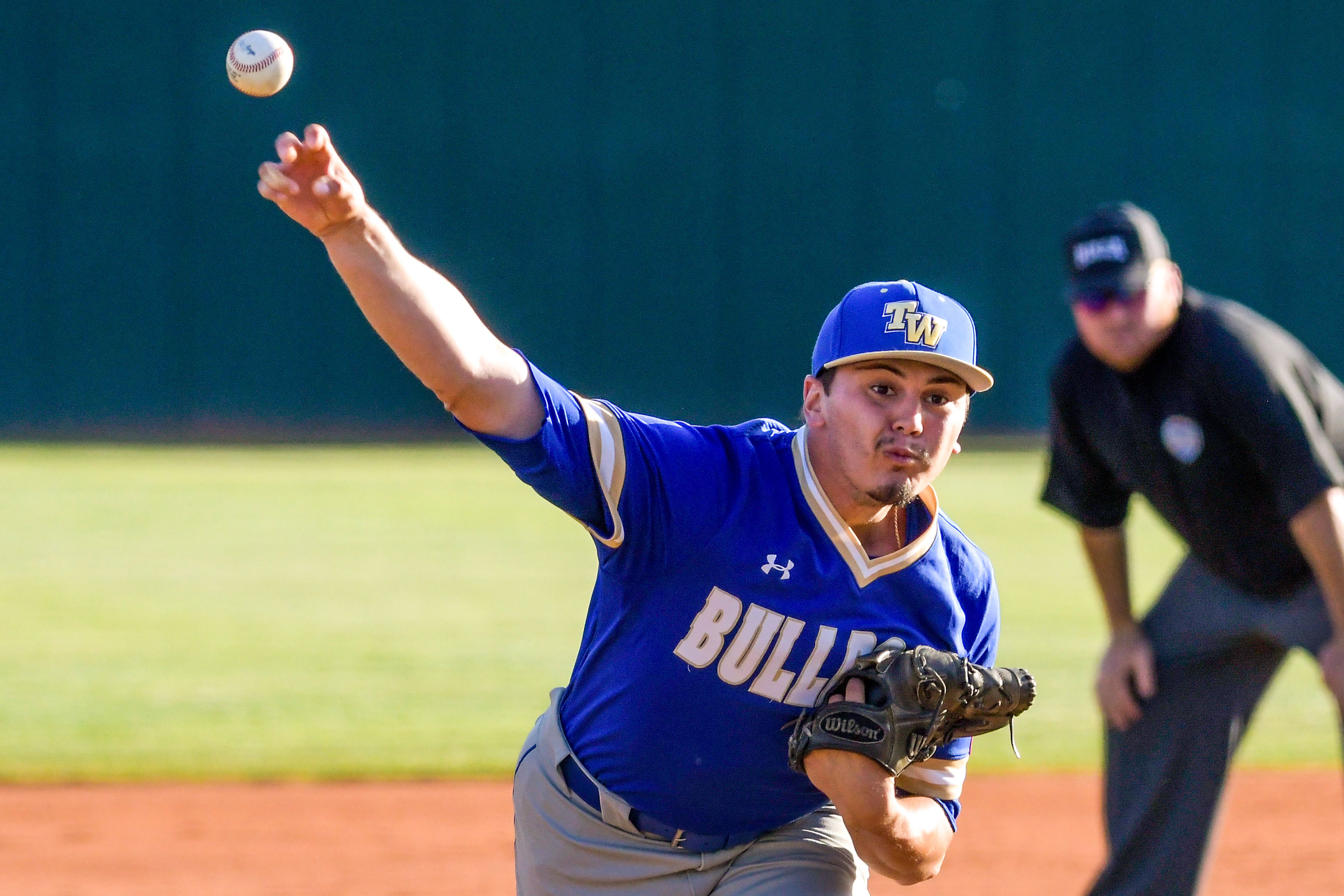 Tennessee Wesleyan pitcher Sam Rochard throws a pitch against Hope International in Game 19 of the NAIA World Series at Harris Field Friday in Lewiston.