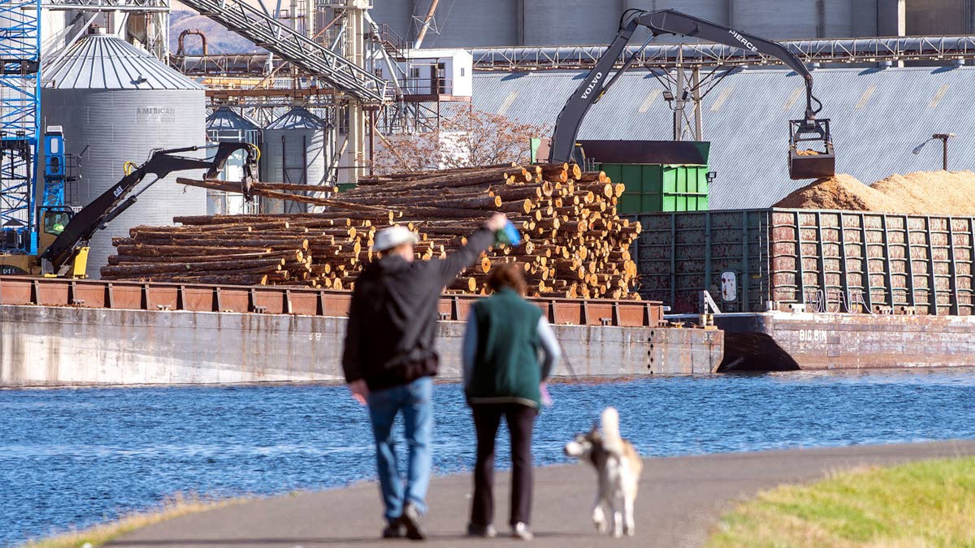 People walk their dog along the Lewiston Levee Parkway Trail as cranes fill up and unload barges in the Snake River at the Port of Lewiston on Wednesday afternoon.