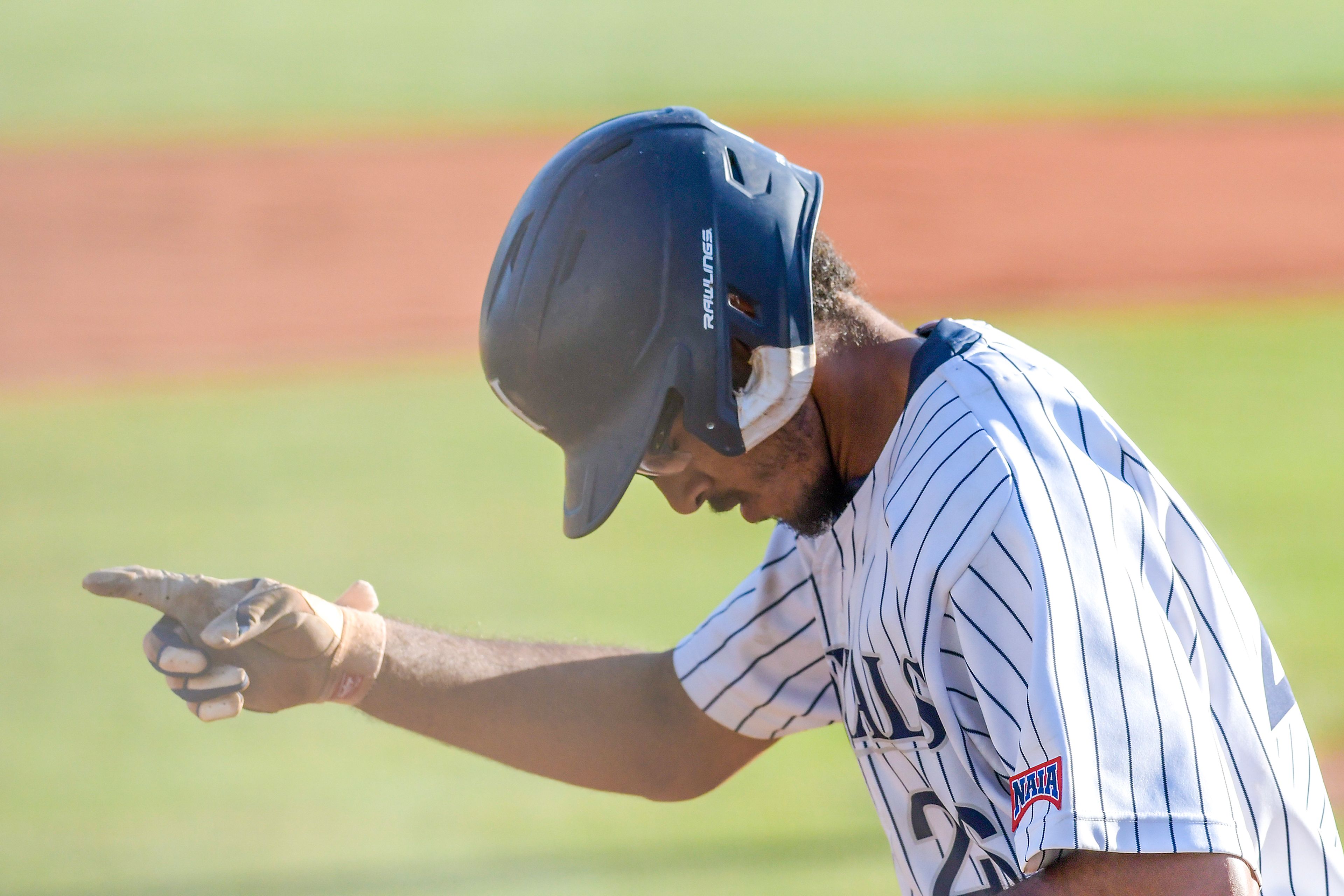 Hope International’s JJ Cruz points to the dugout after a home run against Tennessee Wesleyan in Game 19 of the NAIA World Series at Harris Field Friday in Lewiston.