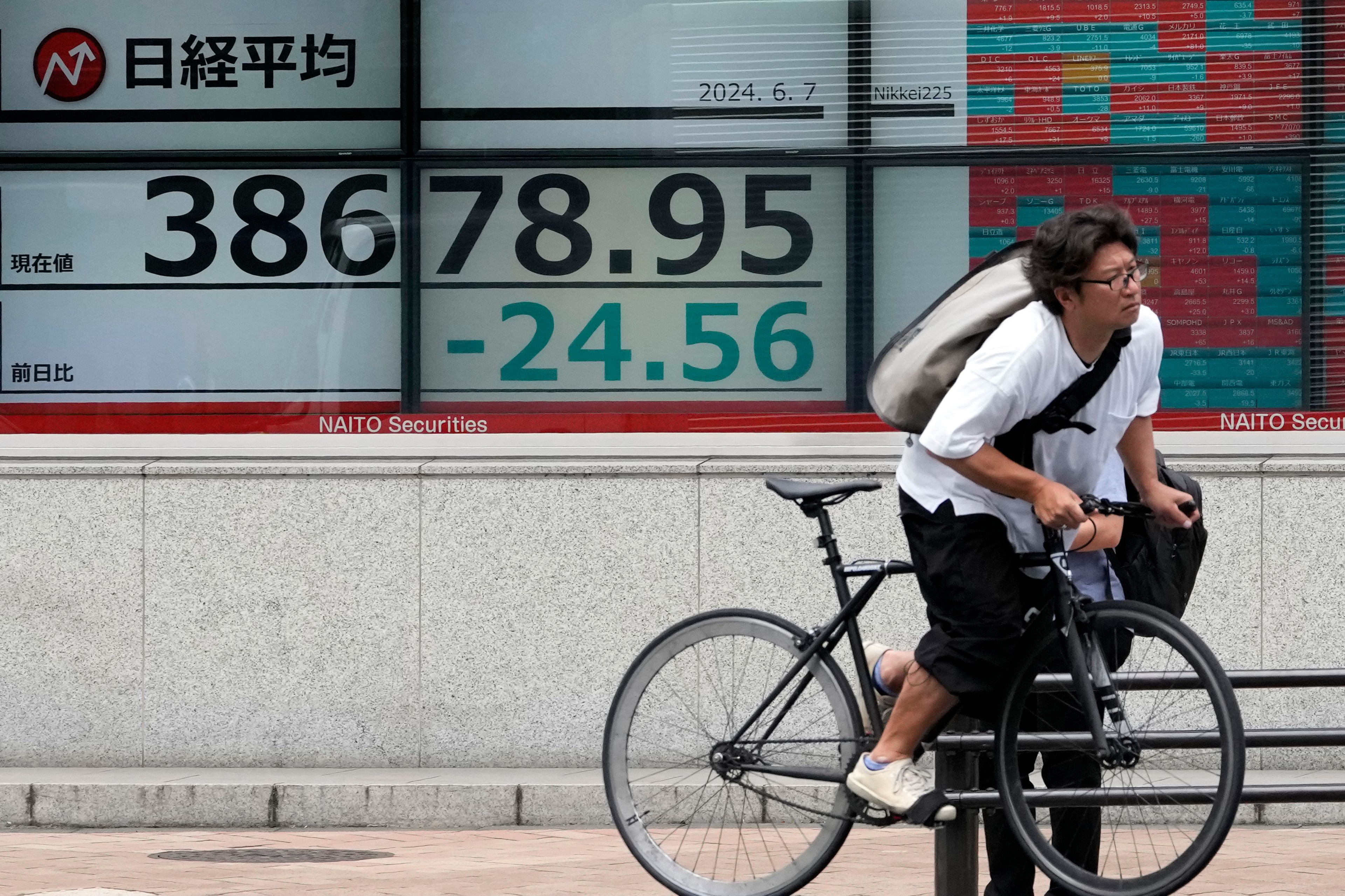 A cyclist moves past an electronic stock board showing Japan's Nikkei 225 index outside a securities firm Friday, June 7, 2024 in Tokyo.