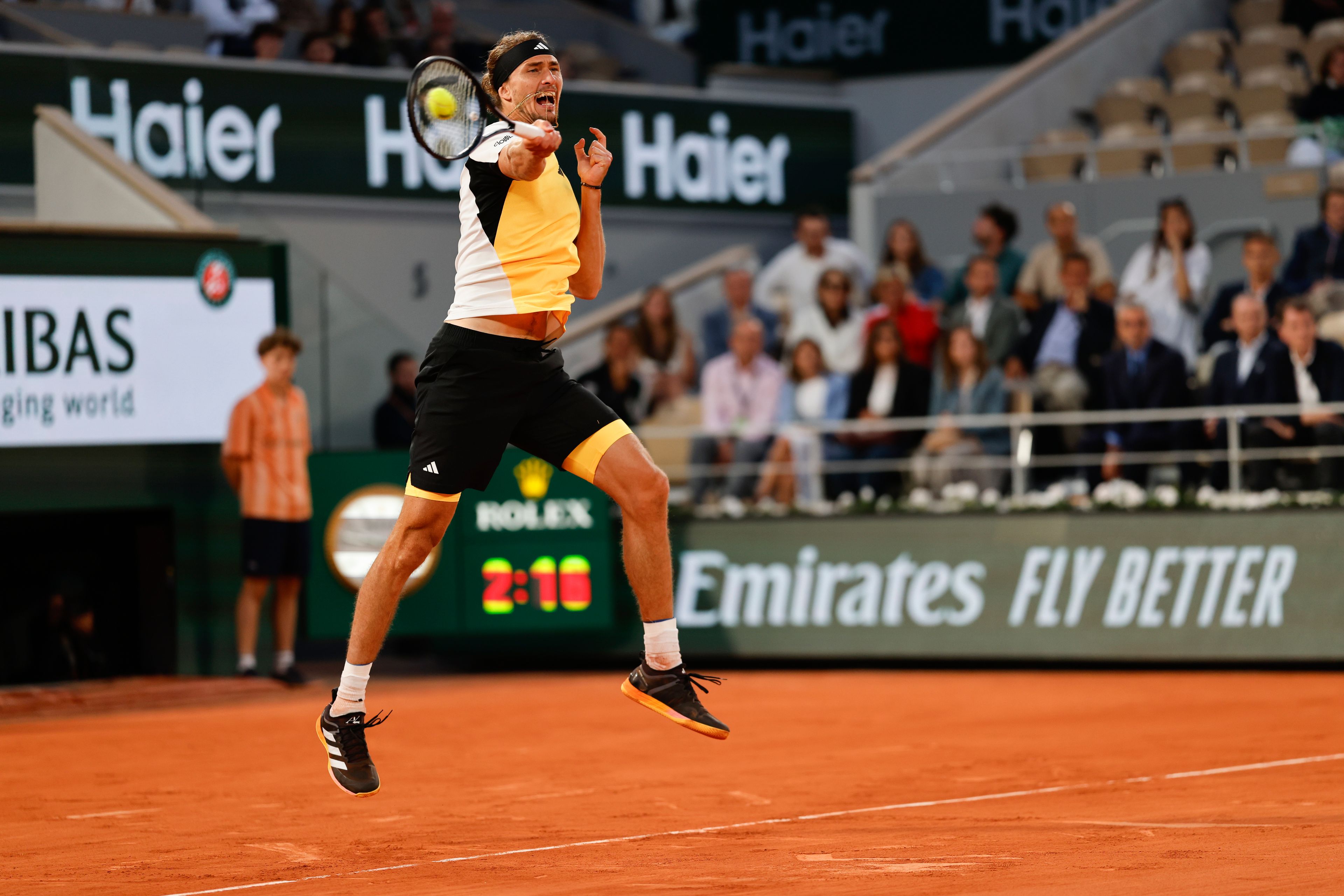 Germany's Alexander Zverev plays a shot against Norway's Casper Ruud during their semifinal match of the French Open tennis tournament at the Roland Garros stadium in Paris, Friday, June 7, 2024.