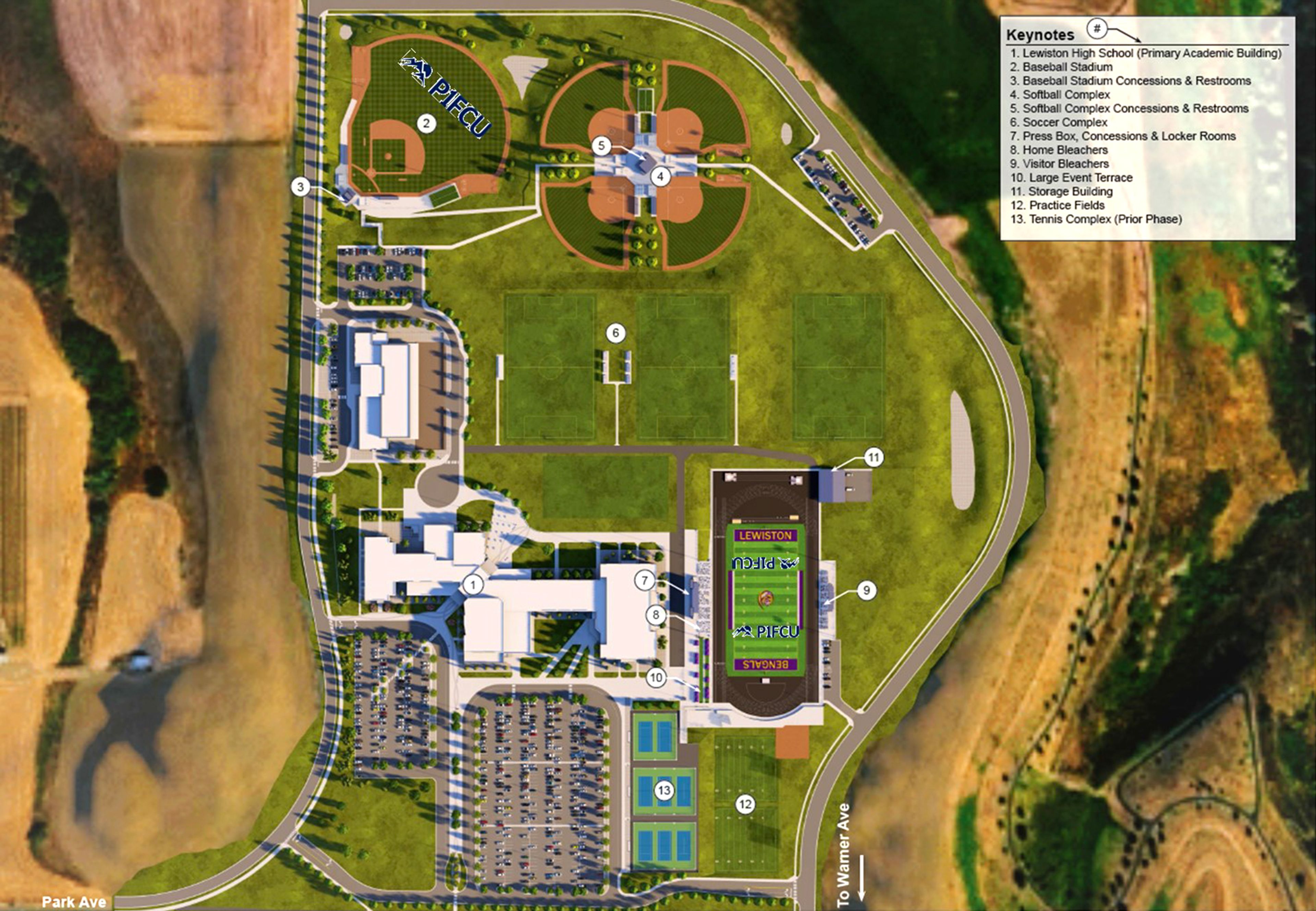 This artist's rendering shows the plans for new athletic field at Lewiston High School in the Orchards. The new fields will be built in two phases.