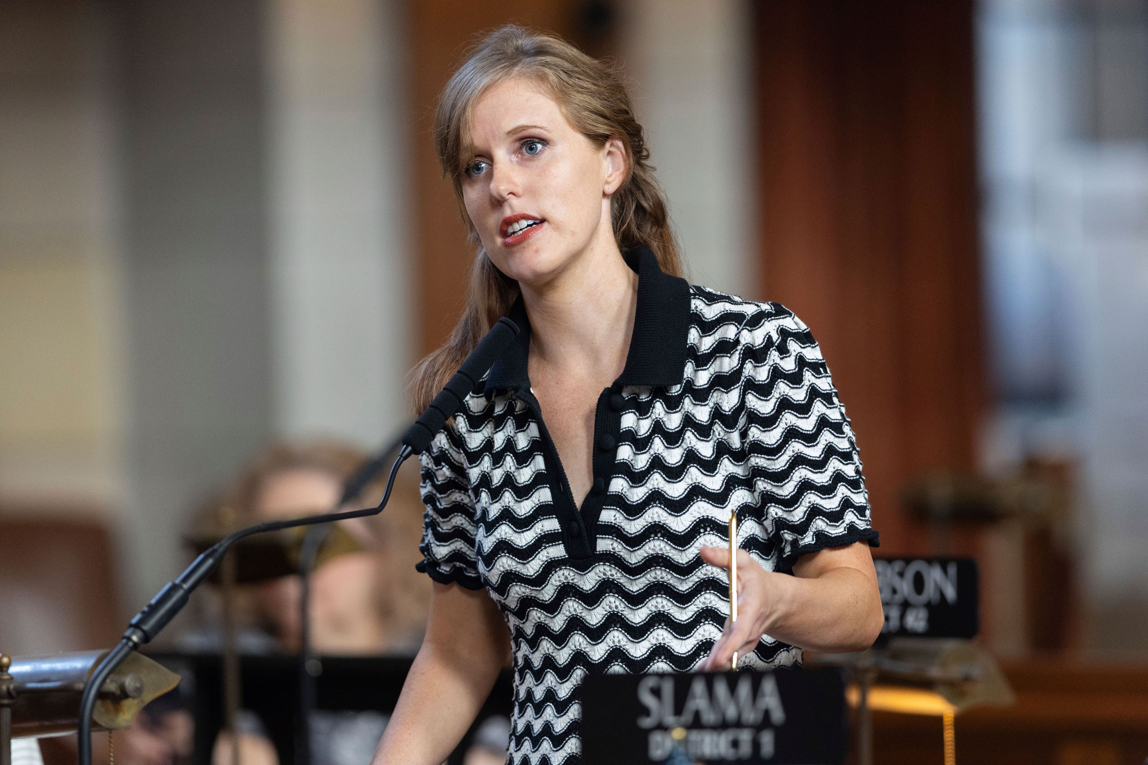 FILE - State Sen. Julie Slama speaks on the legislative floor of the Nebraska State Capitol during the 108th Legislature 1st Special Session, Aug. 8, 2024, in Lincoln, Neb.