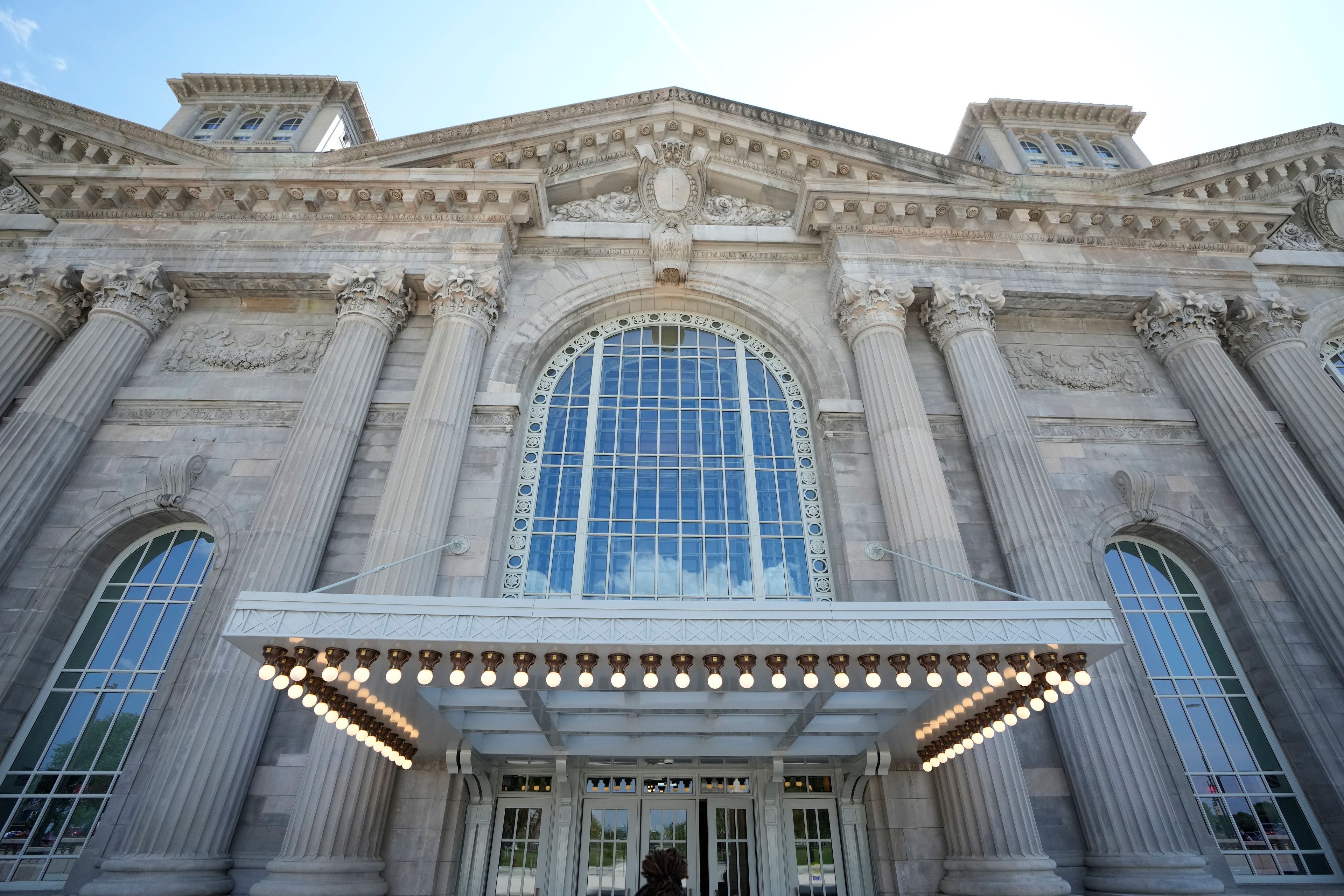 The entrance to the Michigan Central Station is seen, Monday, May 13, 2024 in Detroit. A once hulking scavenger-ravaged monolith that symbolized Detroit's decline reopens this week after a massive six-year multimillion dollar renovation by Ford Motor Co., which restored the Michigan Central Station to its past grandeur with a focus squarely on the future of mobility.