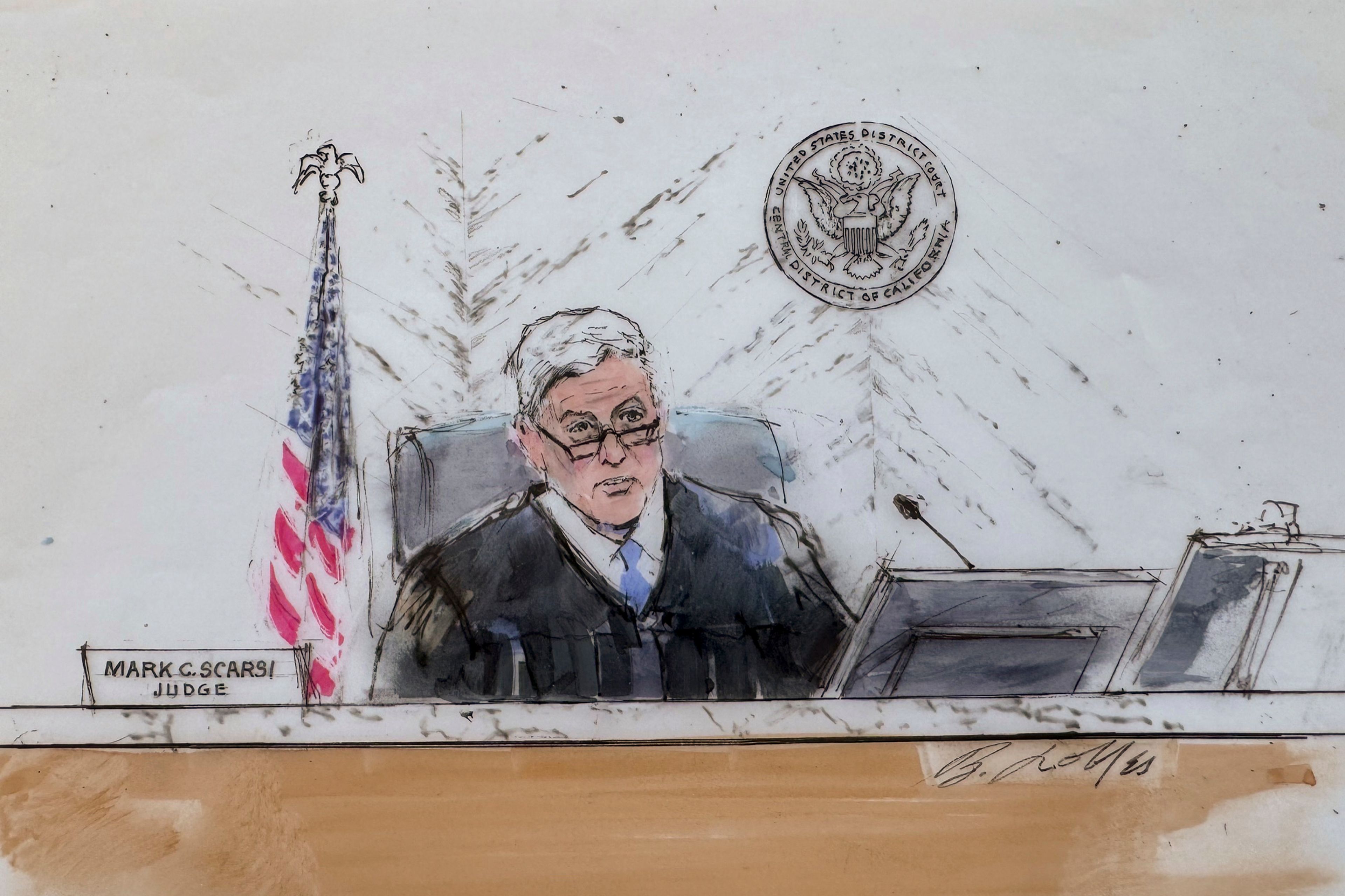 In this courtroom sketch, judge Mark C. Scarsi presides during a hearing in federal court, Thursday, Sept. 5, 2024, in Los Angeles, where Hunter Biden pled guilty to federal tax charges. (William T. Robles via AP)