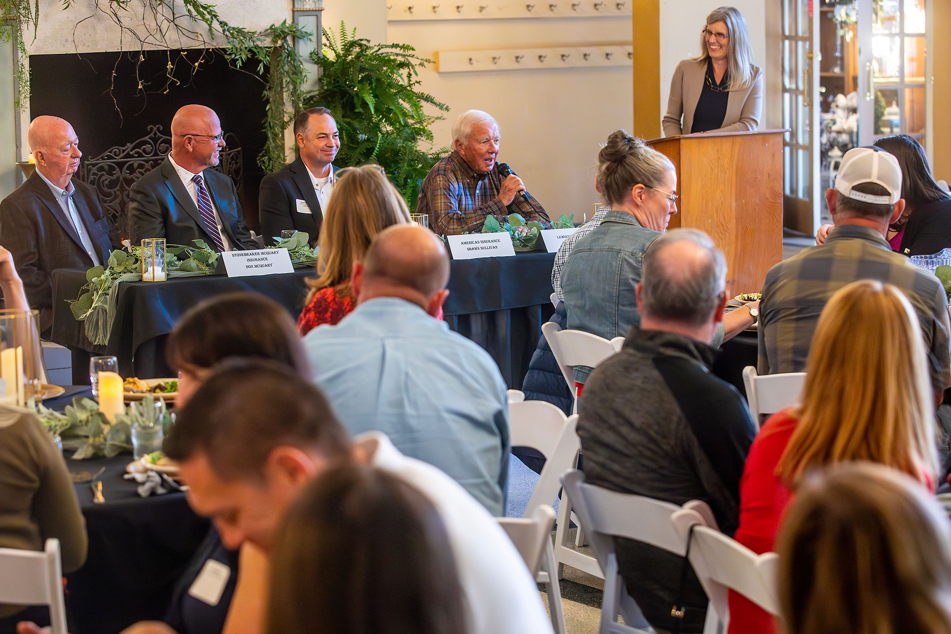 A.L. "Butch" Alford Jr., president of TPC Holdings and former editor and publisher of the Lewiston Tribune, speaks during a panel with, from left, Don McQuary, with Stonebraker McQuary Insurance; Mike Haines, with The Diamond Shop; and Shawn Sullivan, with American Insurance, during a Lewis Clark Valley Chamber of Commerce event Wednesday at the Lewis Clark Hotel in Lewiston celebrating 100-year-old businesses. The 100-year-old businesses included the Lewiston Tribune, Hahn Supply, American Insurance, Malcom's Brower-Wann Funeral Home, The Diamond Shop, Stonebraker McQuary Insurance, The Lewiston Rotary, The Owl Pharmacies, Erb’s ACE Hardware, Credit Bureau of Lewiston Clarkston, Avista Utilities, YWCA, Northwest Children’s Home, Martin Insurance, St. Joseph Regional Medical Center and Wasem’s Pharmacy and Home Medical.