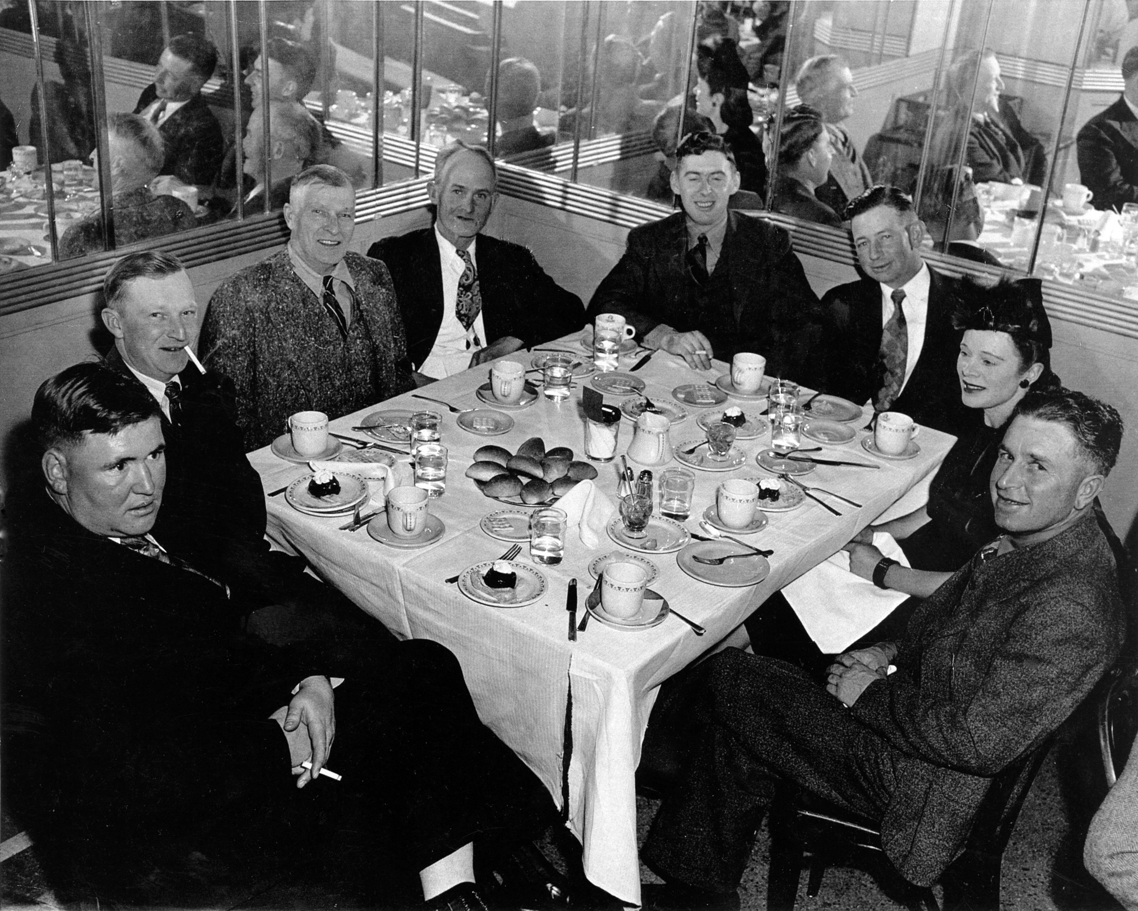 A group photo was taken of these diners in a Lewiston restaurant in about 1950. They are, from left, Walter Bates, Boyd Ruchert, Otto Ruchert, W.J. Leonard, Phil Bloom and Wayne Shelton. The man and woman on the far right are not identified. Bloom was the county agent in Garfield County and Bates worked with Bloom in the county agent's office. The Rucherts, Leonard and Shelton all were cattle ranchers in Garfield County. This photo was submitted by Donna McGee, of Pomeroy, granddaughter of Otto Ruchert. Boyd Ruchert was Otto's nephew. Readers who would like to share their historical photos (20 years or older) from throughout the region may do so by emailing them to blasts@lmtribune.com or submitting them to: Blast from the Past, P.O. Box 957, Lewiston, ID 83501. Questions? Call Jeanne M. DePaul at (208) 848-2221.