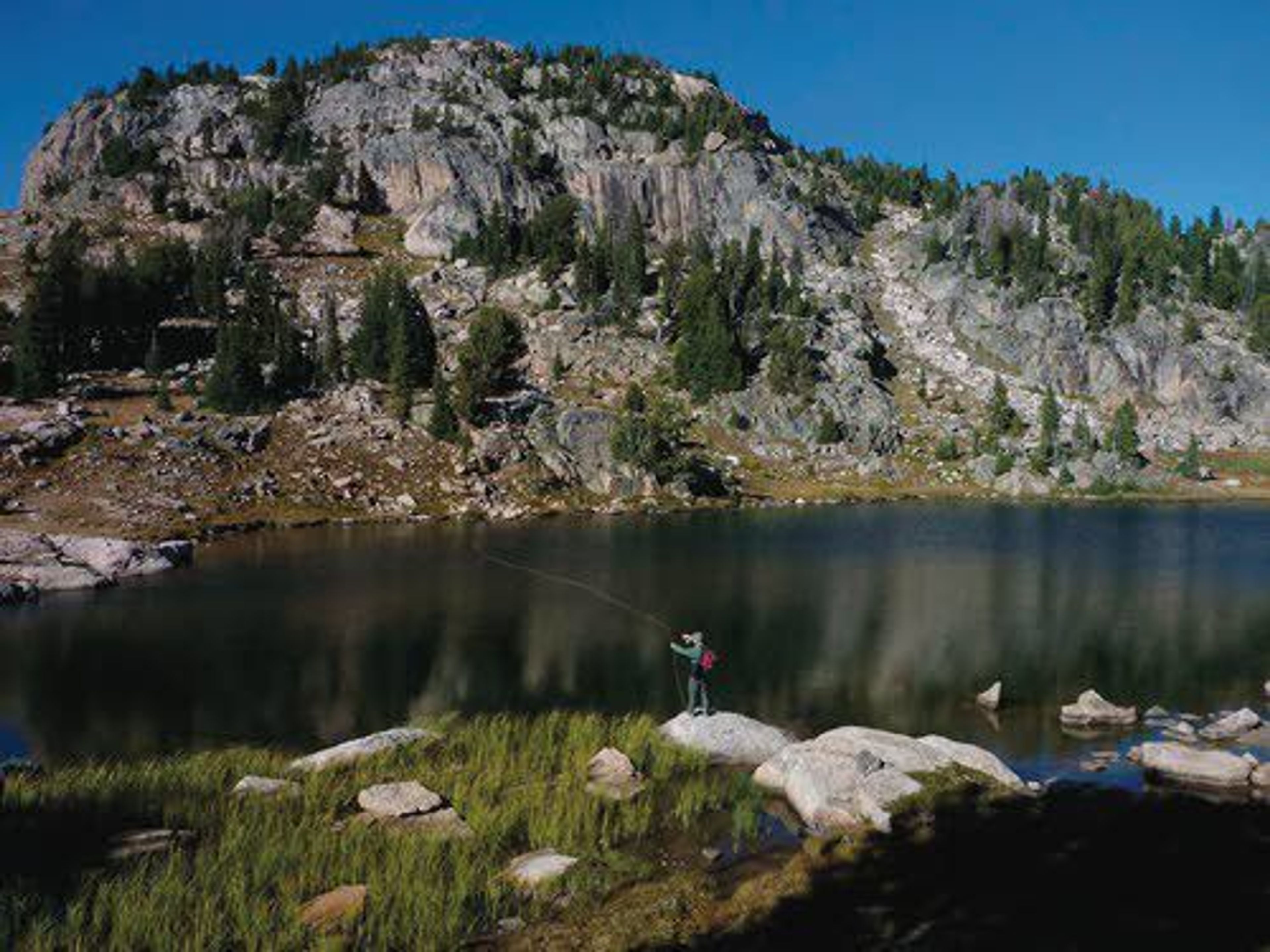 ABOVE: A backpacking fly fisher casts for trout stocked at a remote lake in the Absaroka-Beartooth Wilderness of Montana. LEFT: A cutthroat trout that was caught and released by an angler at a lake in the Absaroka-Beartooth Wilderness.