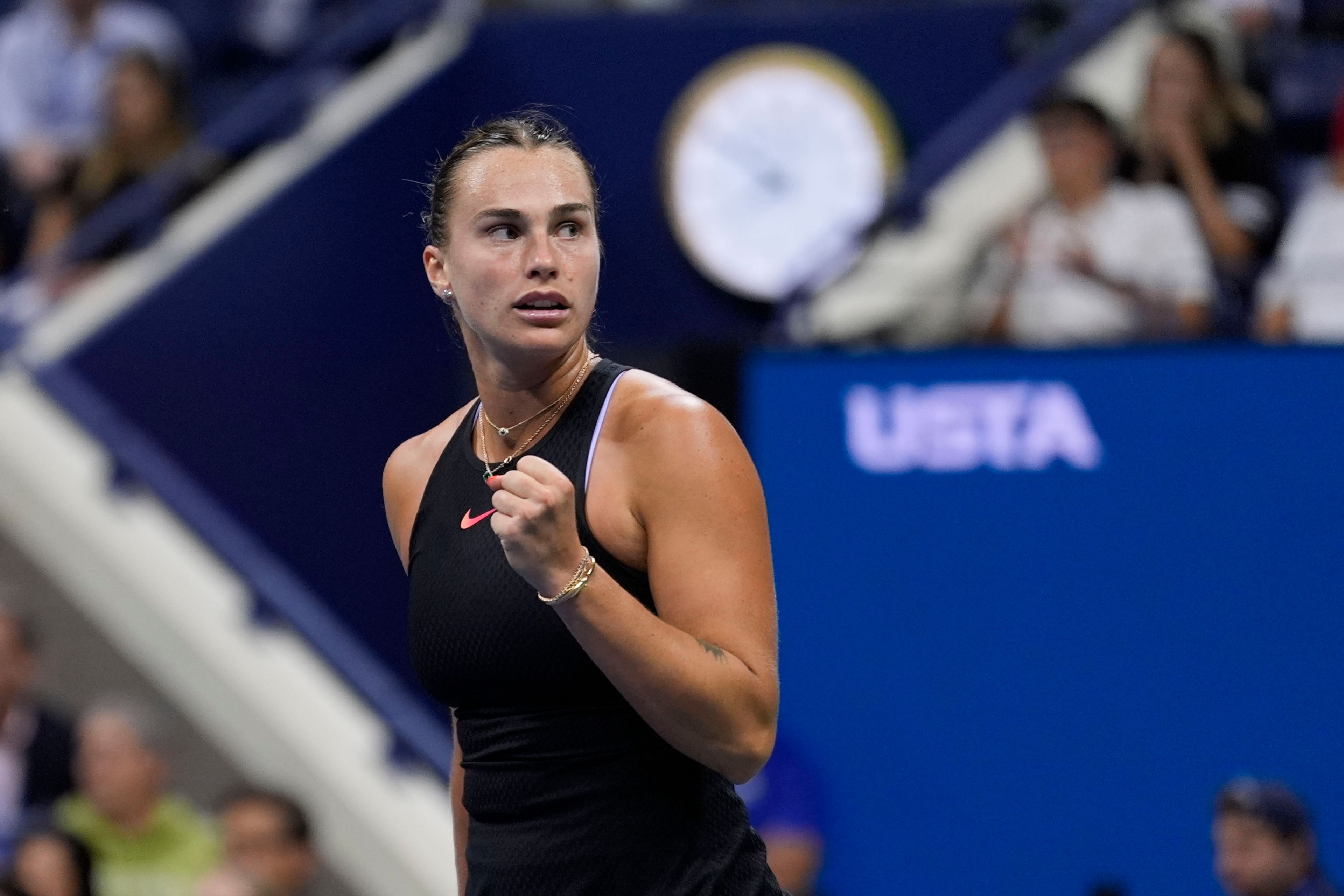 Aryna Sabalenka, of Belarus, reacts after winning the first set against Emma Navarro, of the United States, during the women's singles semifinals of the U.S. Open tennis championships, Thursday, Sept. 5, 2024, in New York.