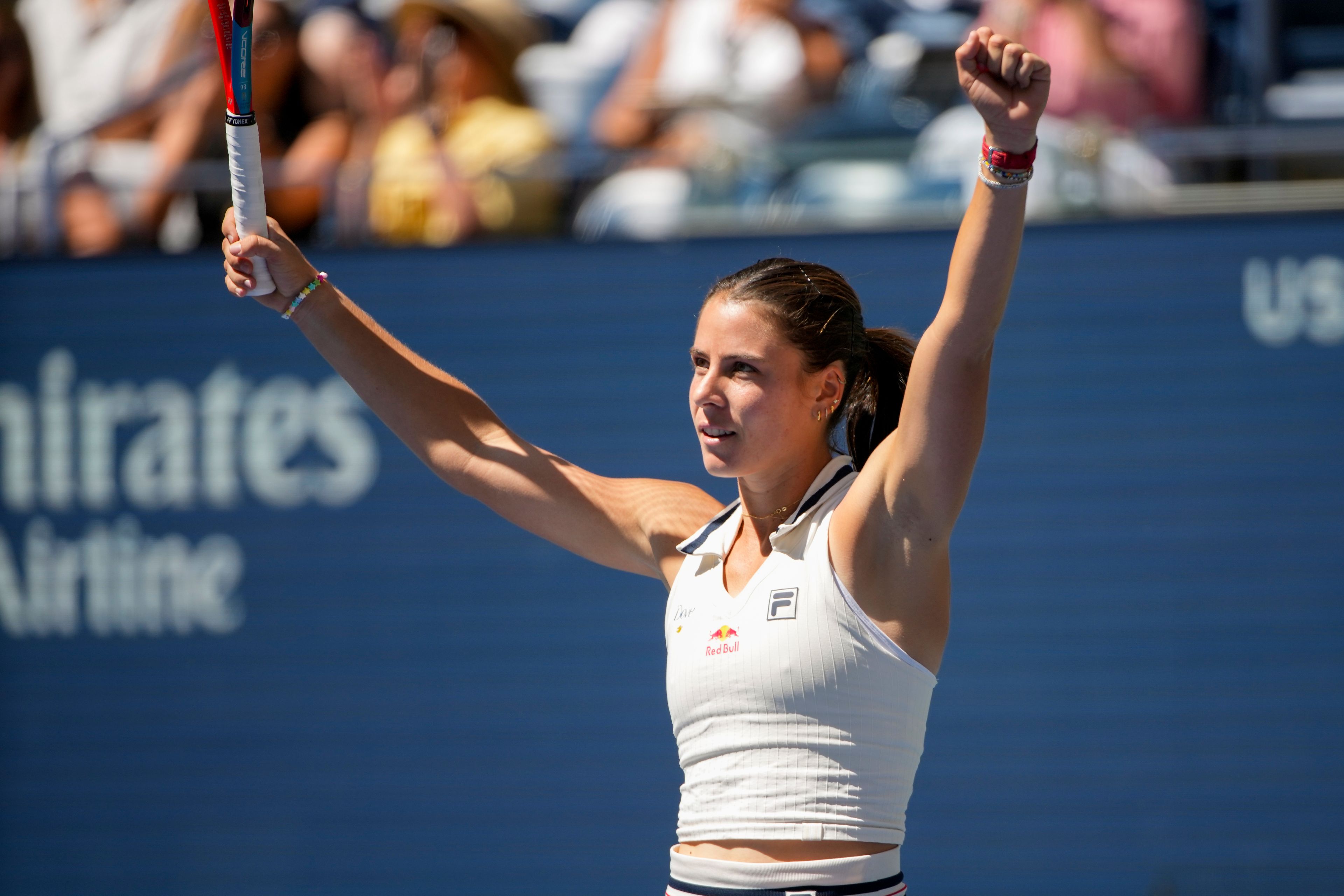 Emma Navarro, of the United States, reacts after defeating Paula Badosa, of Spain, during the quarterfinals of the U.S. Open tennis championships, Tuesday, Sept. 3, 2024, in New York.