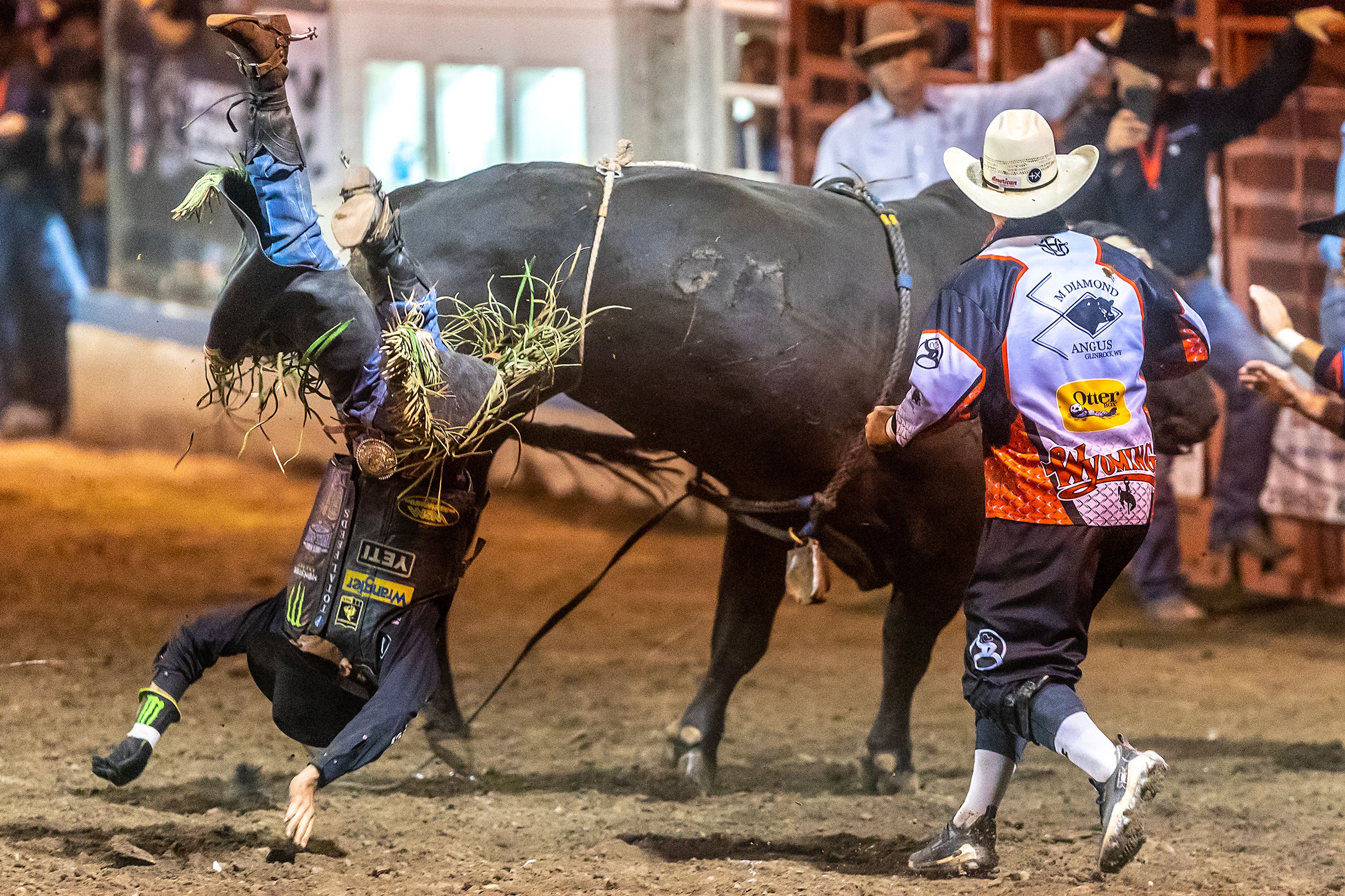 JB Mauney is thrown from his bull Arctic Assassin in the Xtreme Bulls competition on day 1 of the Lewiston Roundup Wednesday.