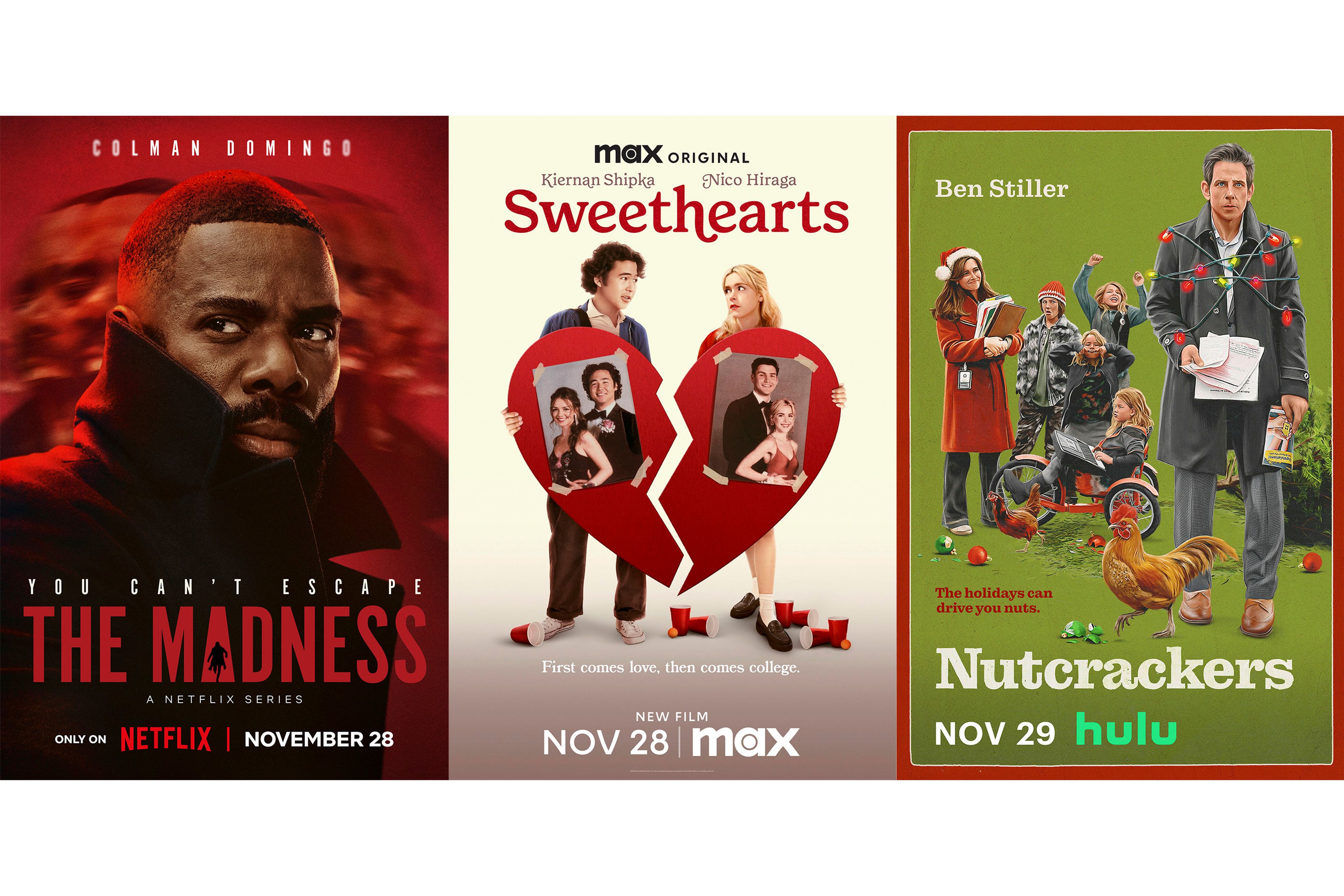 This combination of images shows promotional art for the series "The Madness," left, the film "Sweethearts," center, and the film "Nutcrackers." 