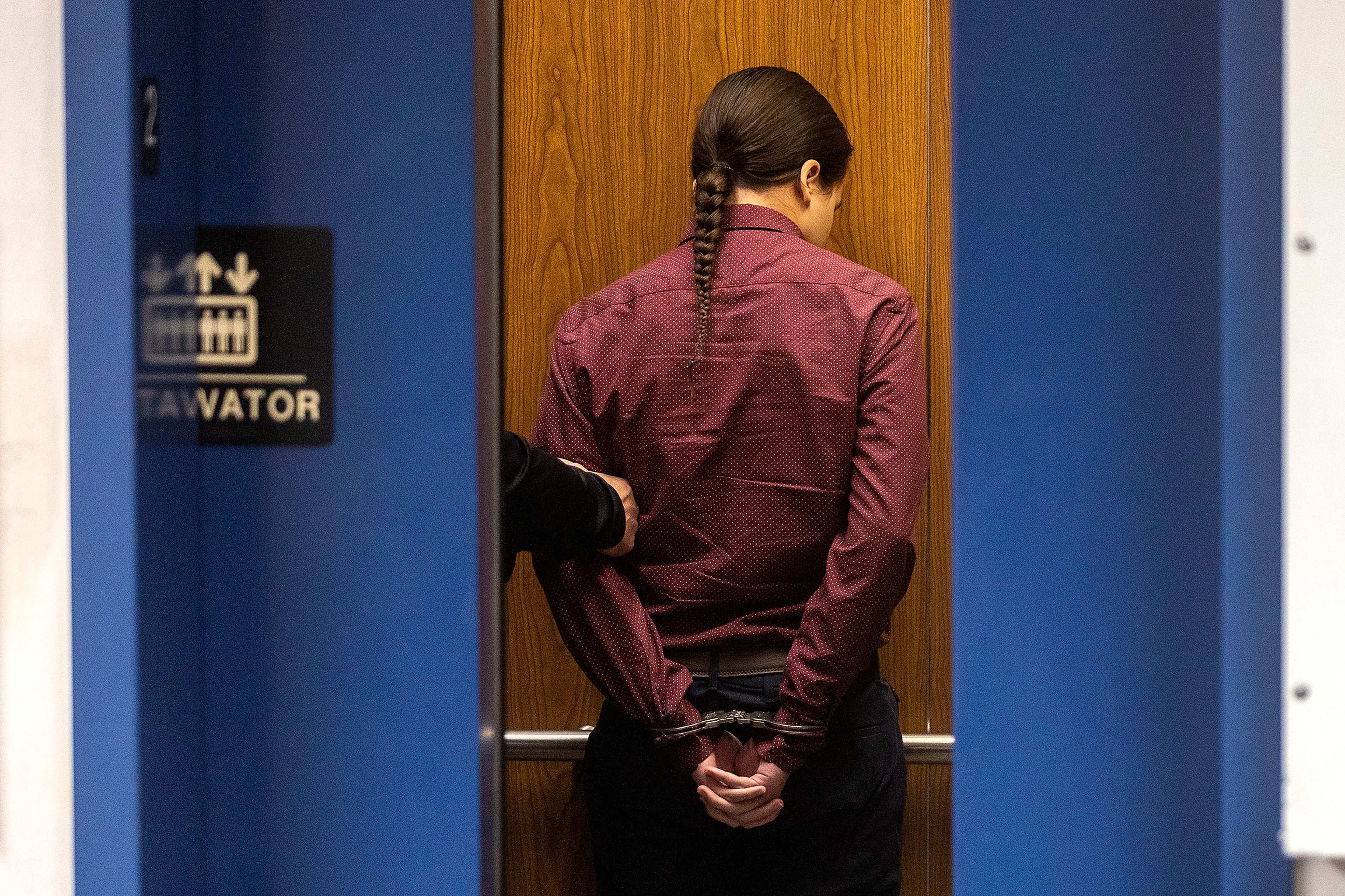 Demetri Ewing stands in an elevator as the doors begin to close following his guilty verdict at the Nez Perce County courthouse on Thursday.