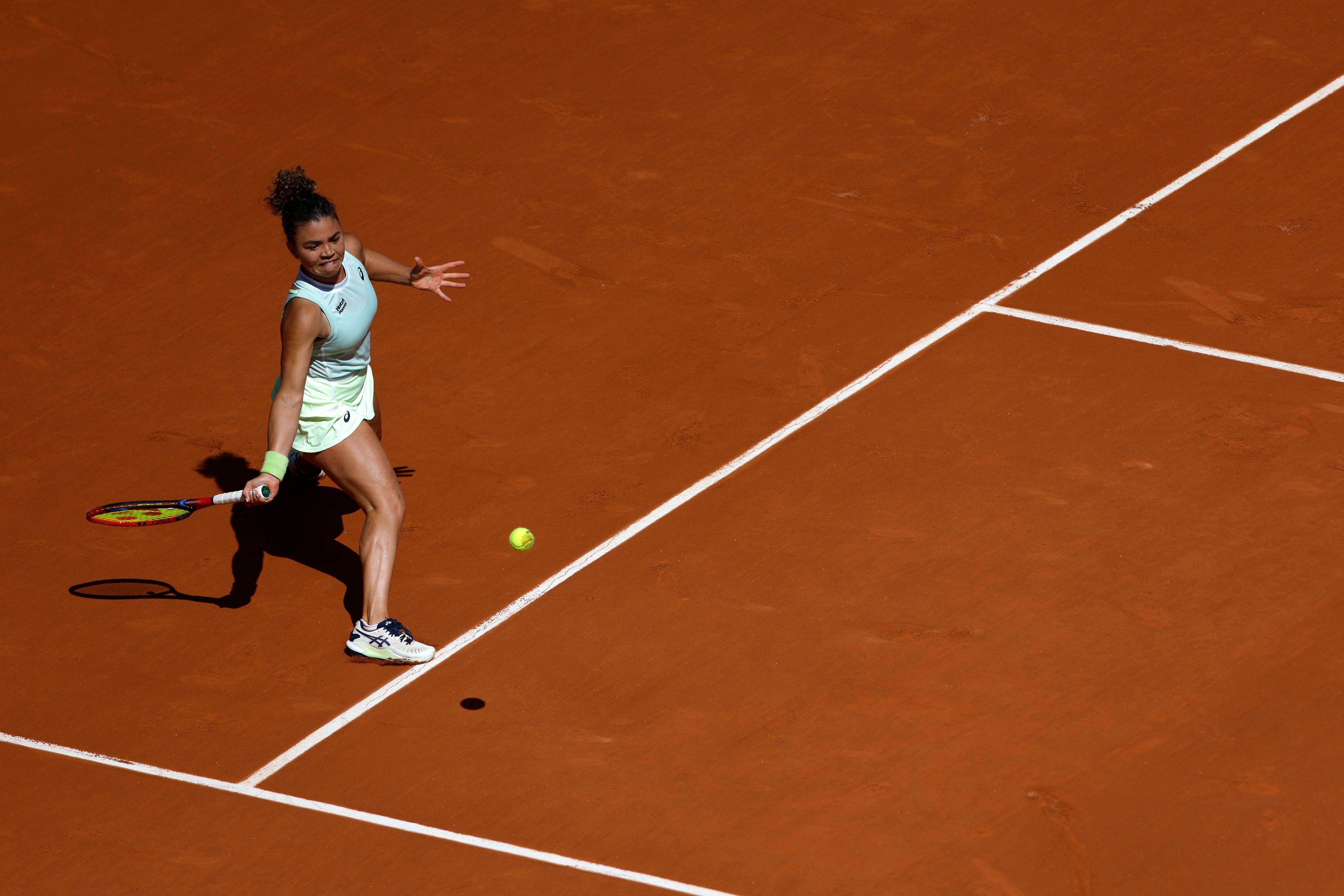 Italy's Jasmine Paolini plays a shot against Kazakhstan's Elena Rybakina during their quarterfinal match of the French Open tennis tournament at the Roland Garros stadium in Paris, Wednesday, June 5, 2024.