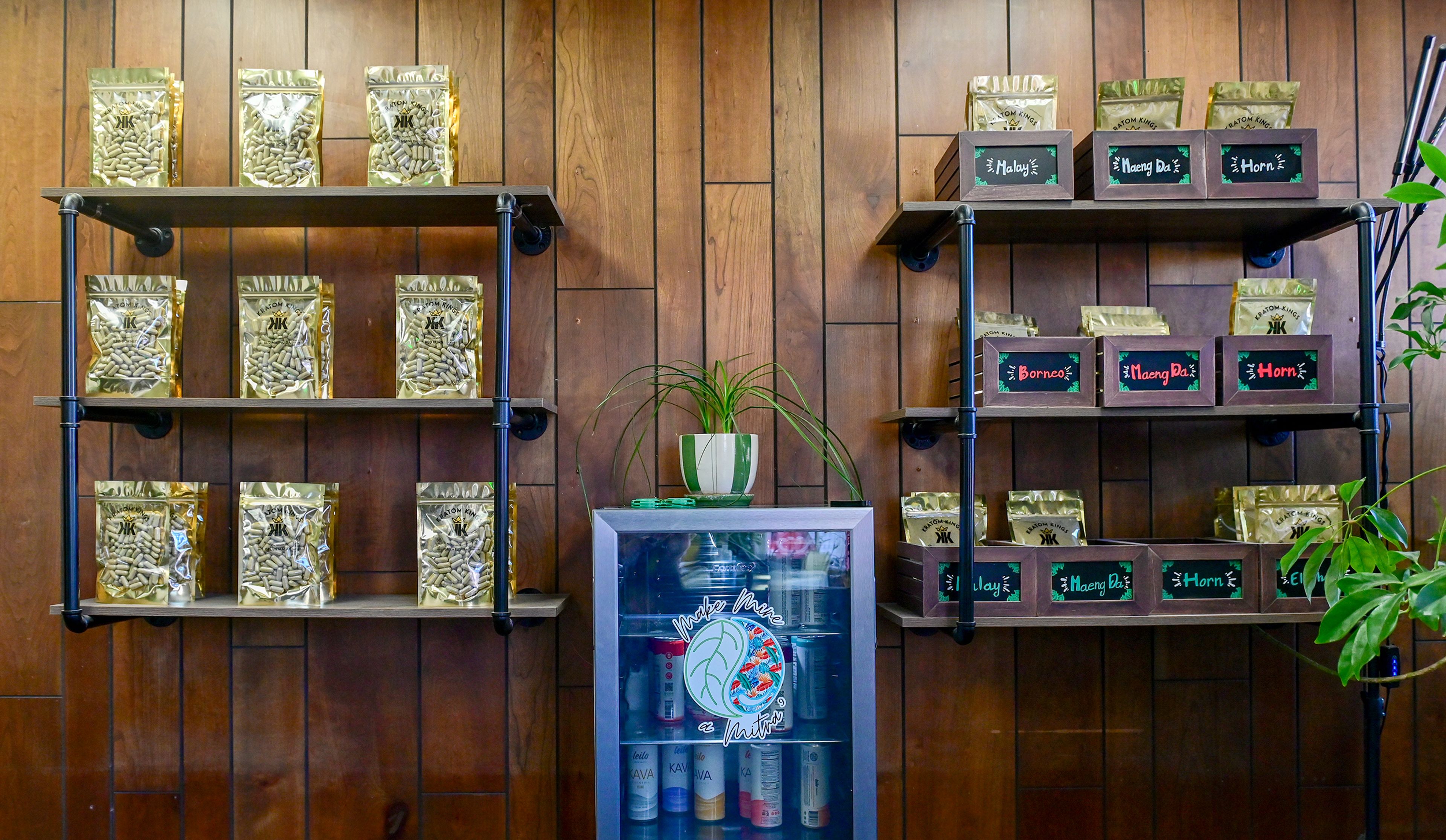 Various kratom products, including capsules, powder and beverages, sit on display Friday at Kratom Kings in Moscow.