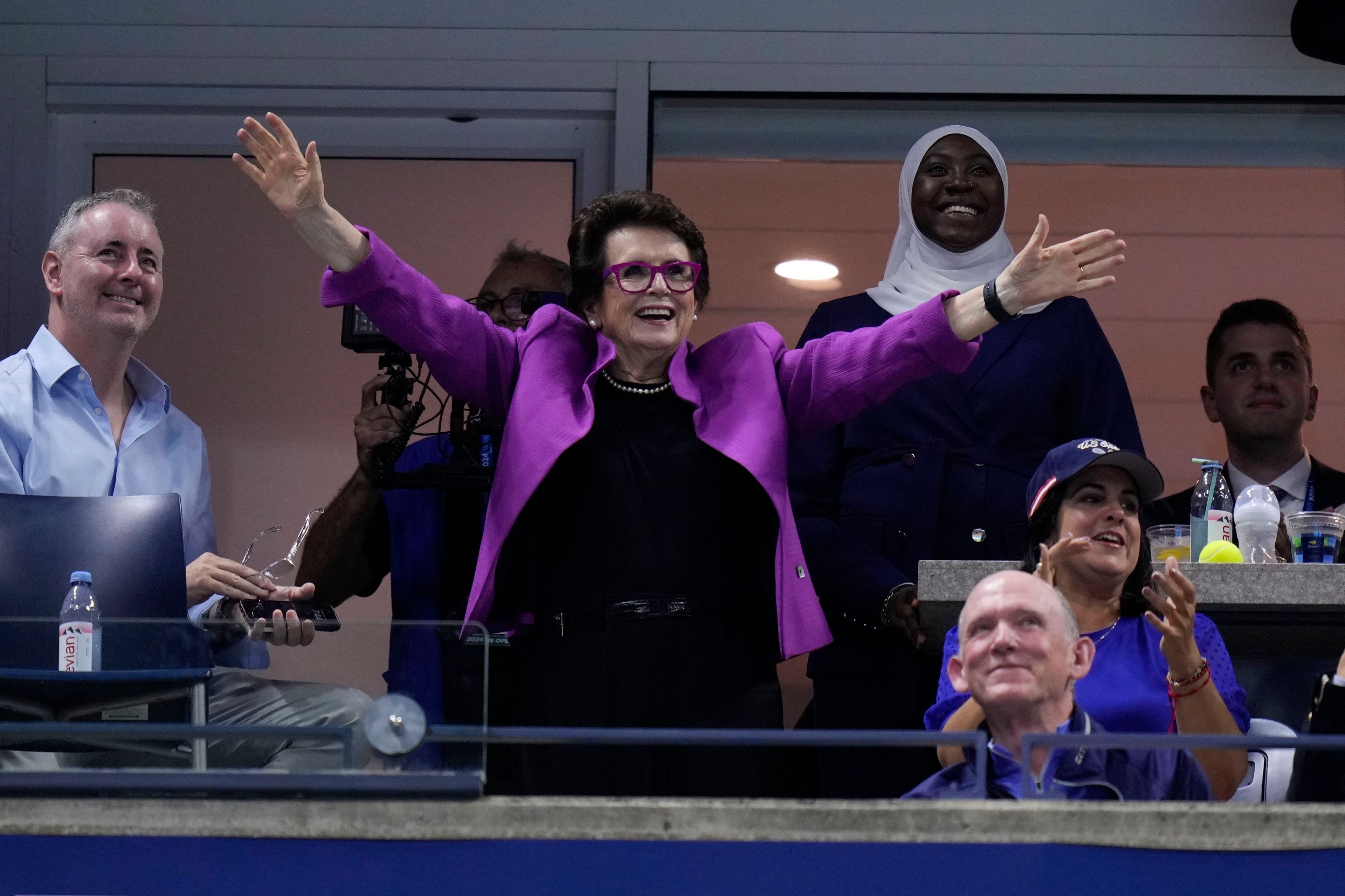 Billie Jean King waves to the crowd during the women's singles semifinals between Emma Navarro, of the United States, and Aryna Sabalenka, of Belarus, of the U.S. Open tennis championships, Thursday, Sept. 5, 2024, in New York.