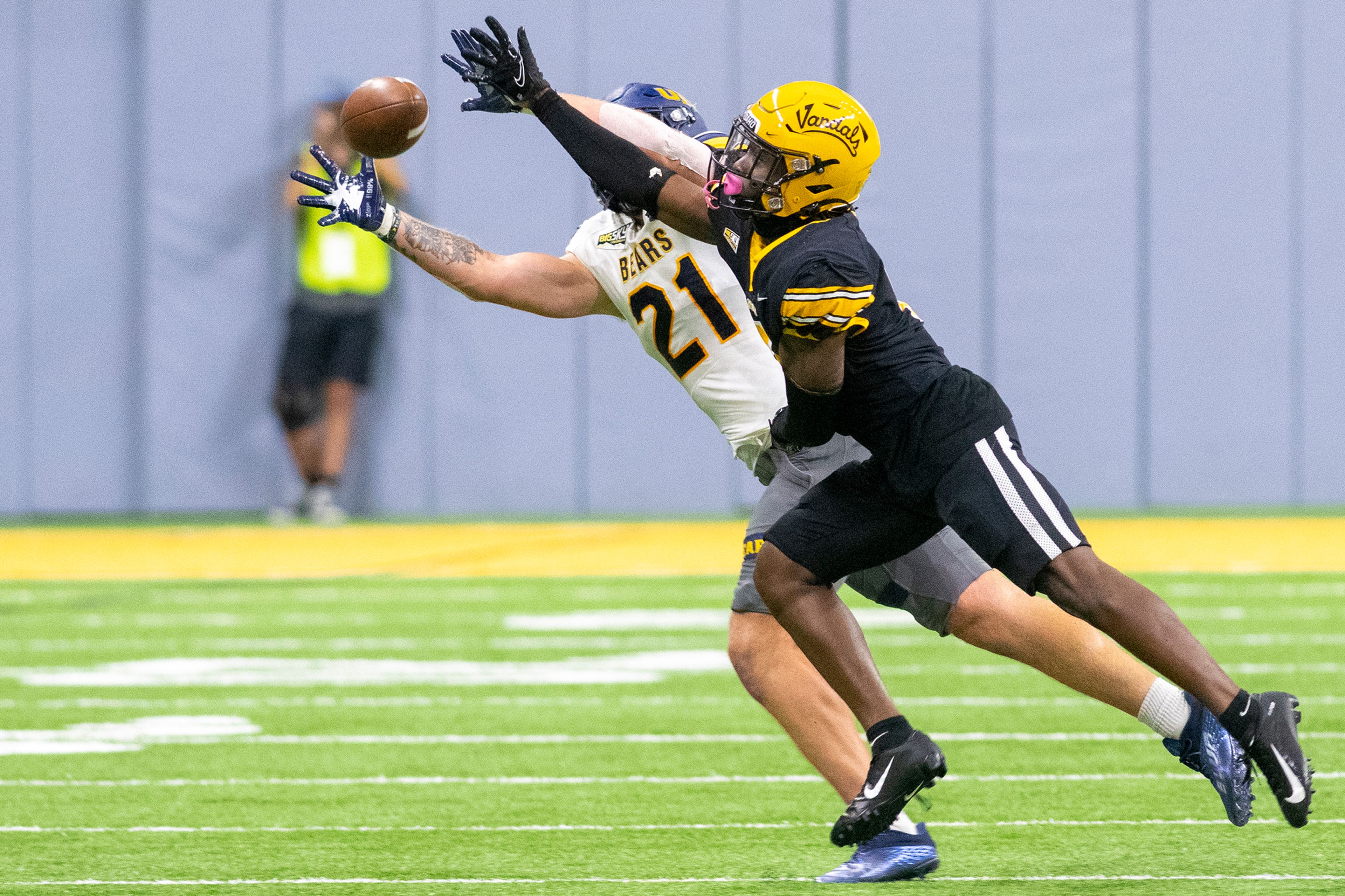 Idaho Vandals defensive back Murvin Kenion III (0) defends a pass intended for Northern Colorado Bears tight end Alec Pell (21) during the second quarter of a Big Sky Conference football game Oct. 1 at the Kibbie Dome in Moscow.