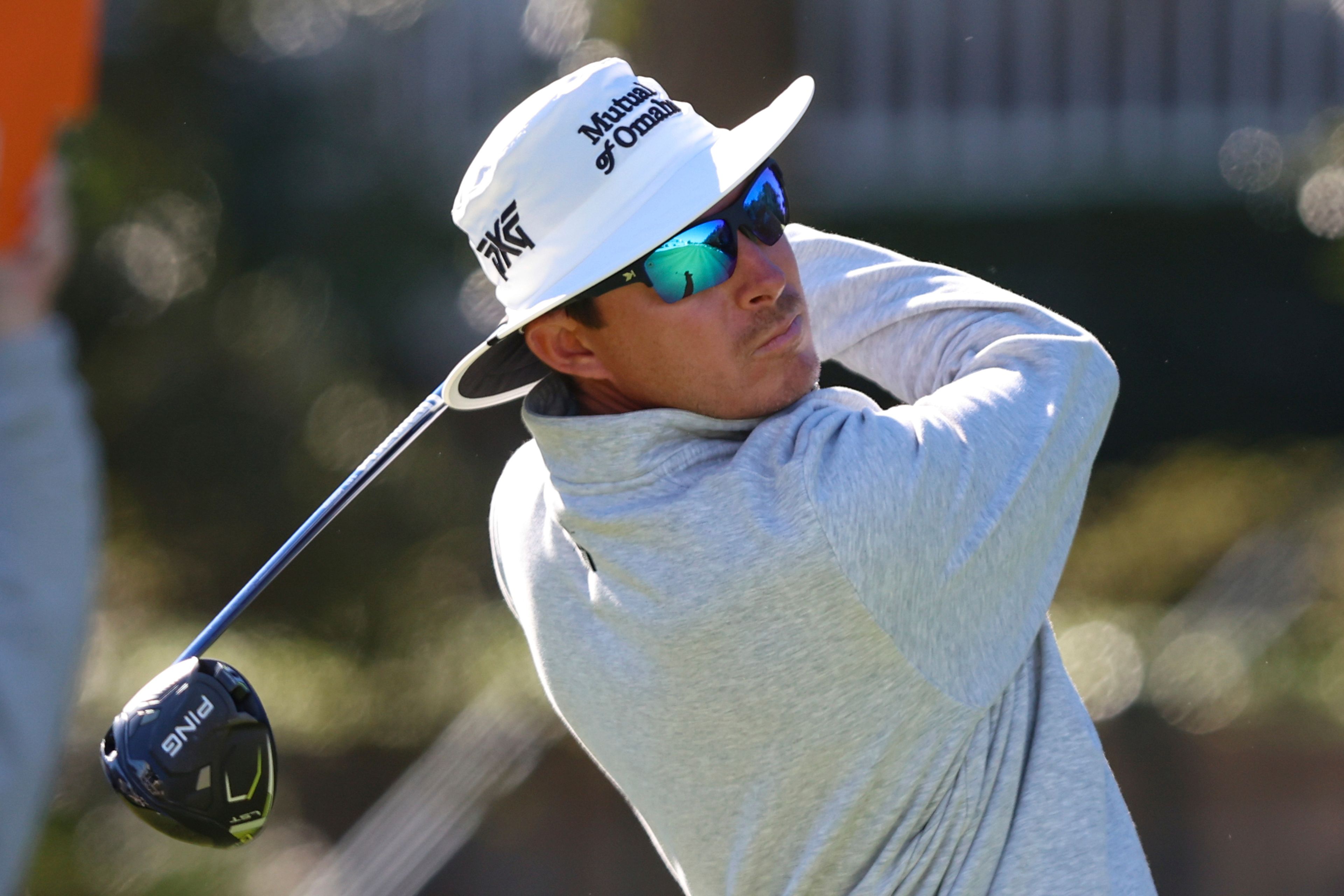 Joel Dahmen drives from the 10th tee during the final final round of the RSM Classic golf tournament, Sunday, Nov. 24, 2024, in St. Simons Island, Ga. 