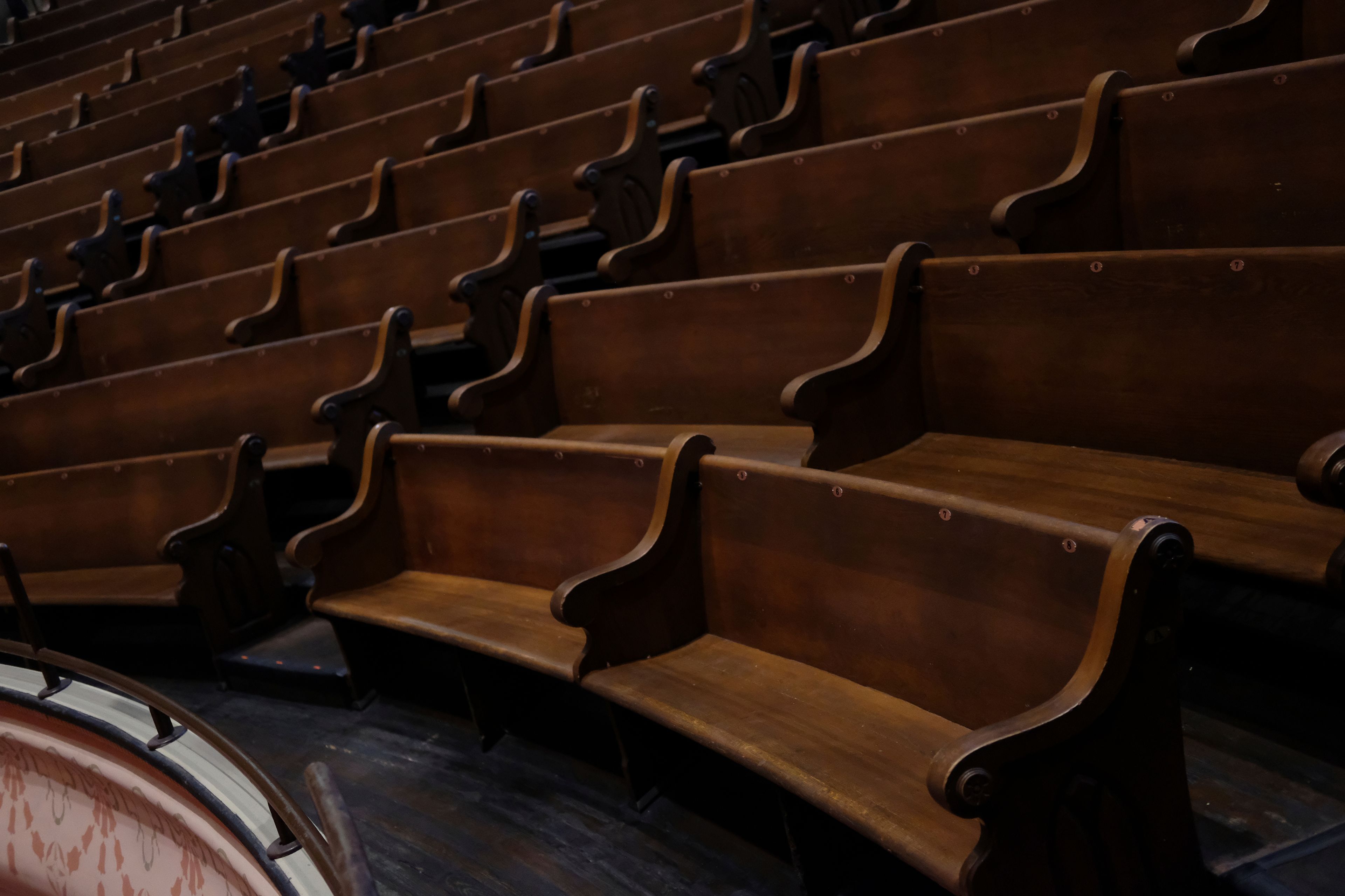 The original wooden pews of the Union Gospel Tabernacle are seen at the Ryman Auditorium in Nashville, Tenn., on July 30, 2024.