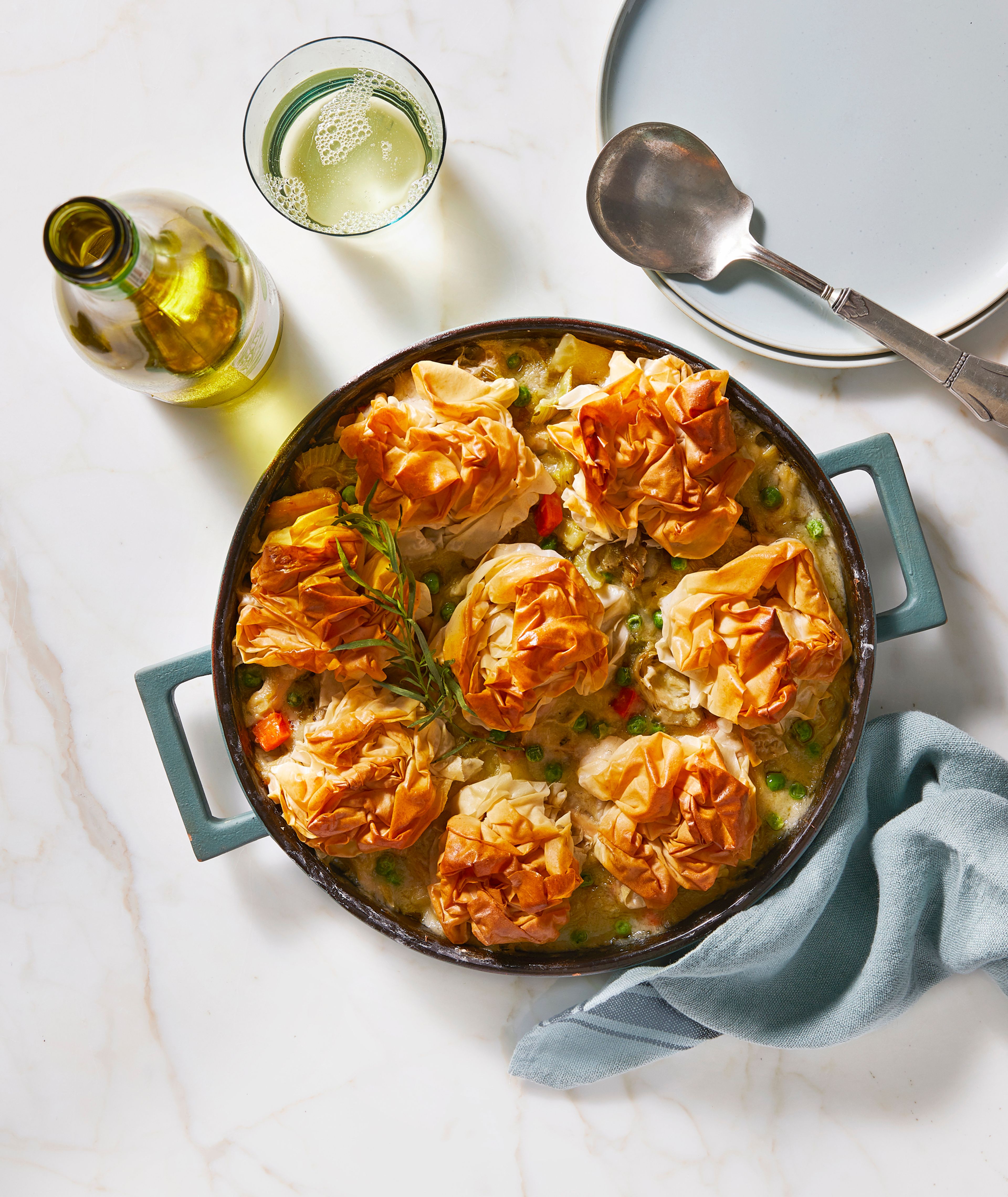 ABOVE: Light and Bright Chicken Potpie with phyllo clusters. These fancy-looking poufs are just sheets of phyllo dough brushed with butter and scrunched into crackly balls. But don’t worry if they tear — the dish will still turn out fabulous. TOP RIGHT: Coq-a-Doodle-Doo.