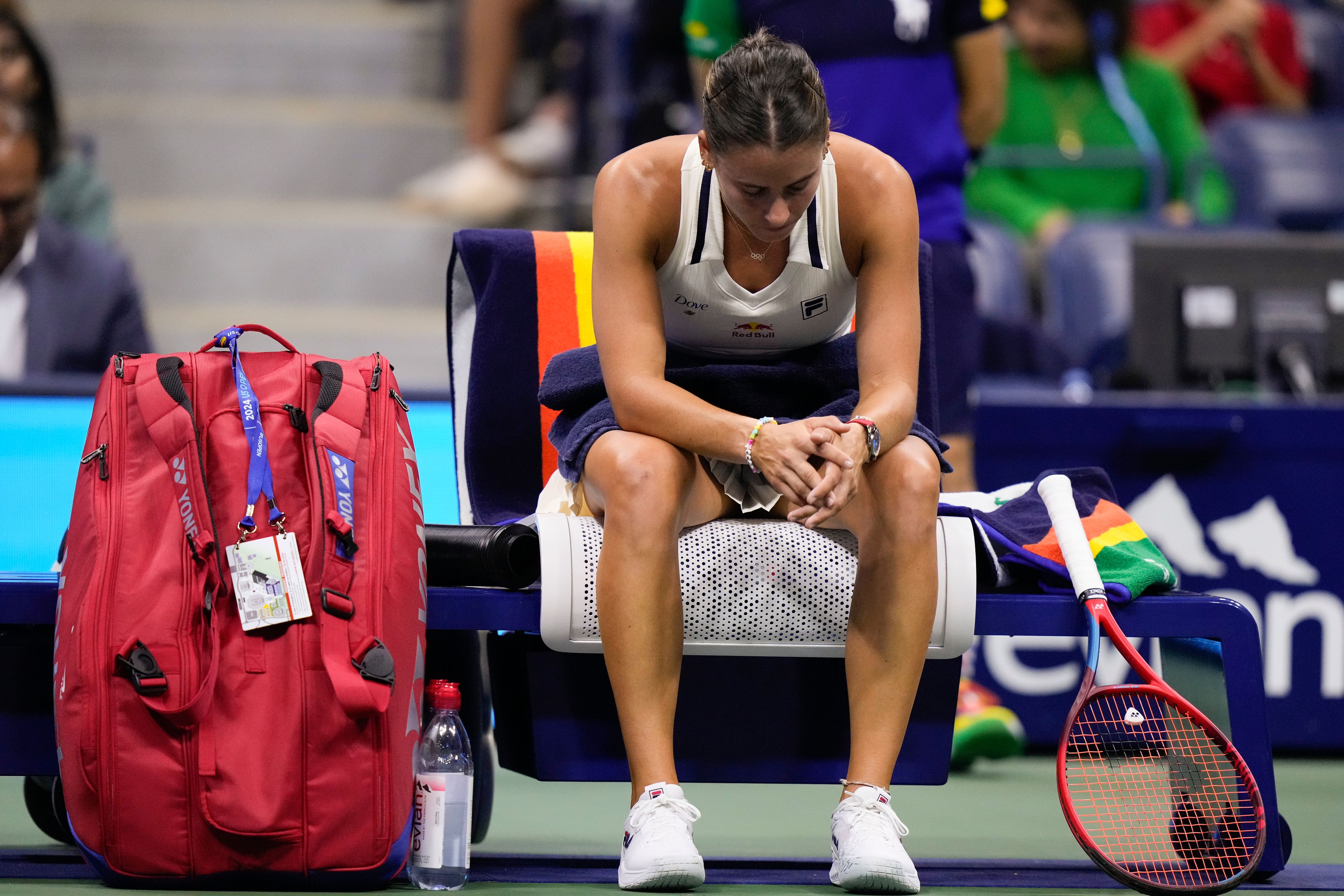 Emma Navarro, of the United States, takes a break between games against Aryna Sabalenka, of Belarus, during the women's singles semifinals of the U.S. Open tennis championships, Thursday, Sept. 5, 2024, in New York.