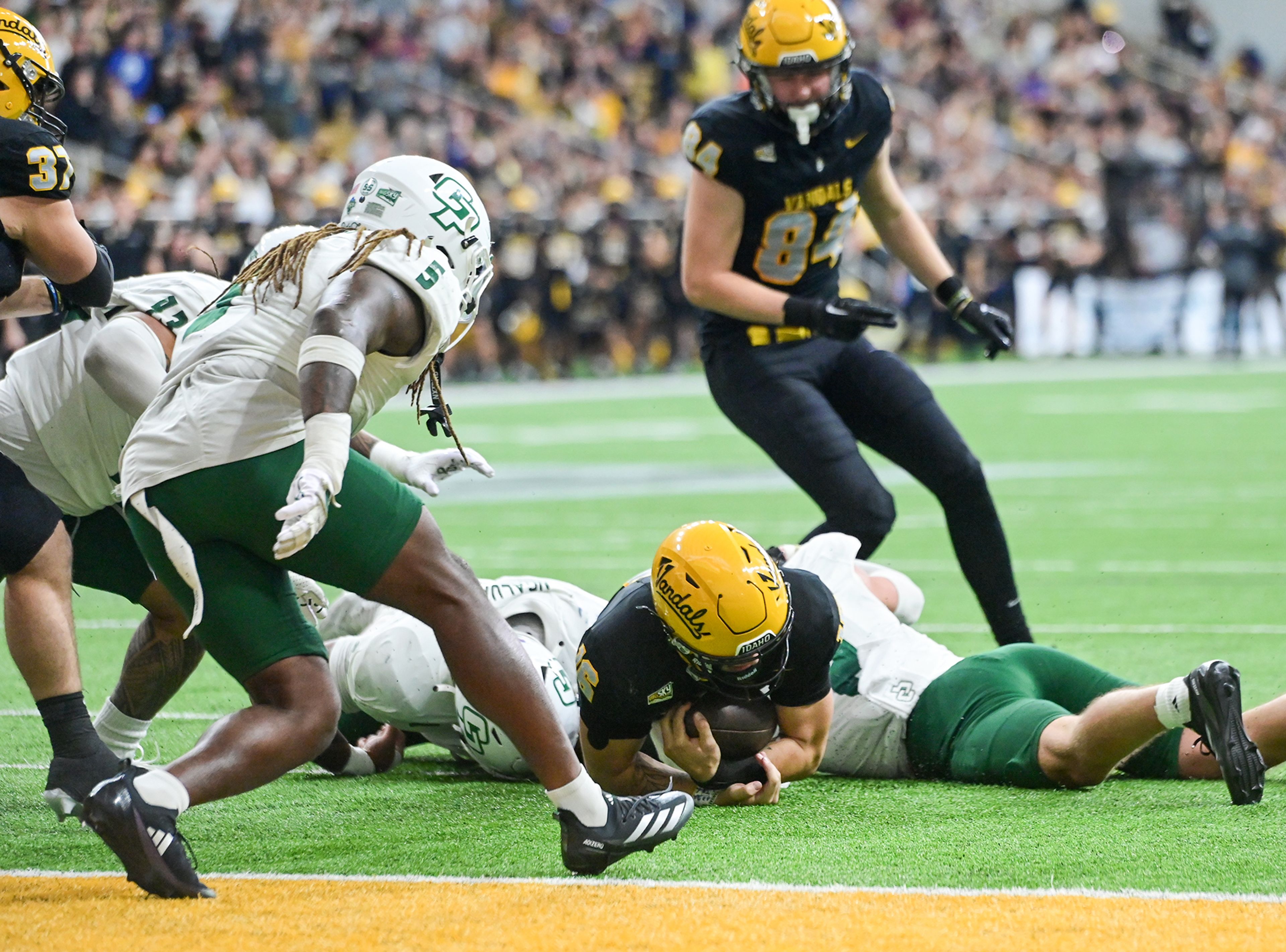 Idaho quarterback Rocco Koch is tackled by Cal Poly just short of the end zone Saturday at the P1FCU Kibbie Dome in Moscow.,