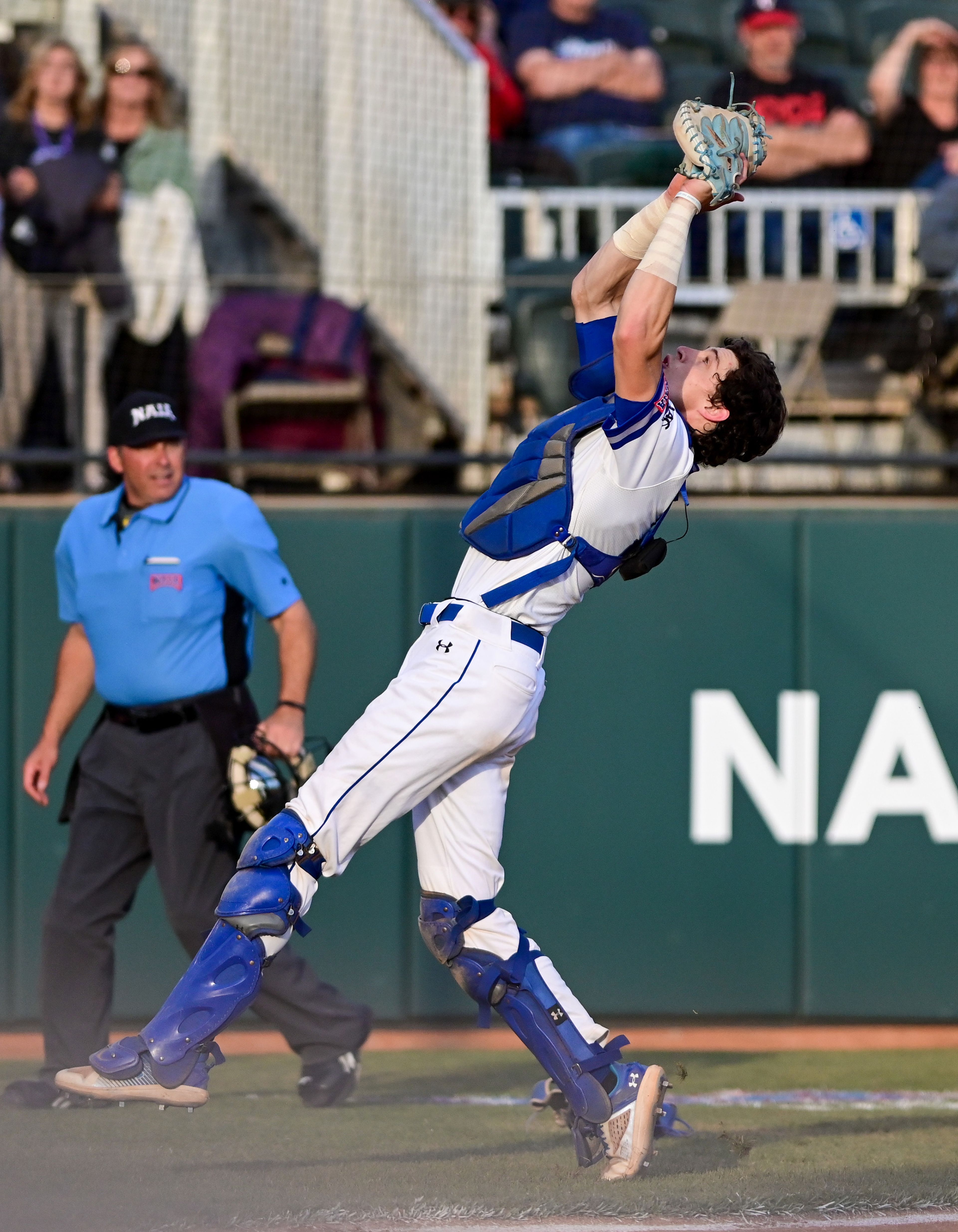 Tennessee Wesleyan catcher Daniel Stewart catches a foul tip from Reinhardt in Game 18 of the NAIA World Series at Harris Field in Lewiston on Thursday.