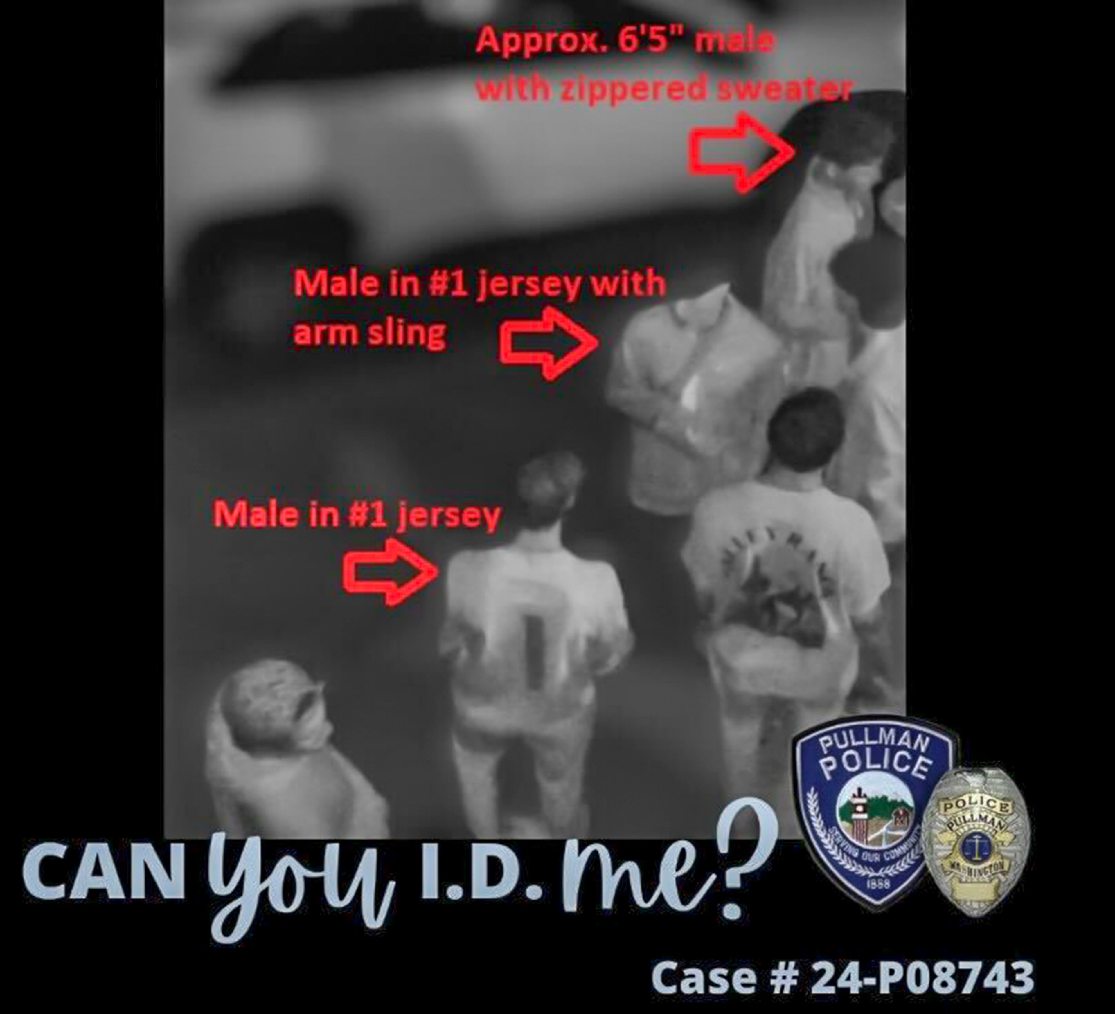 This photo released by the Pullman Police Department shows three individuals the department hopes to identify in relation to an assault that took place Oct. 20 on College Hill in Pullman.