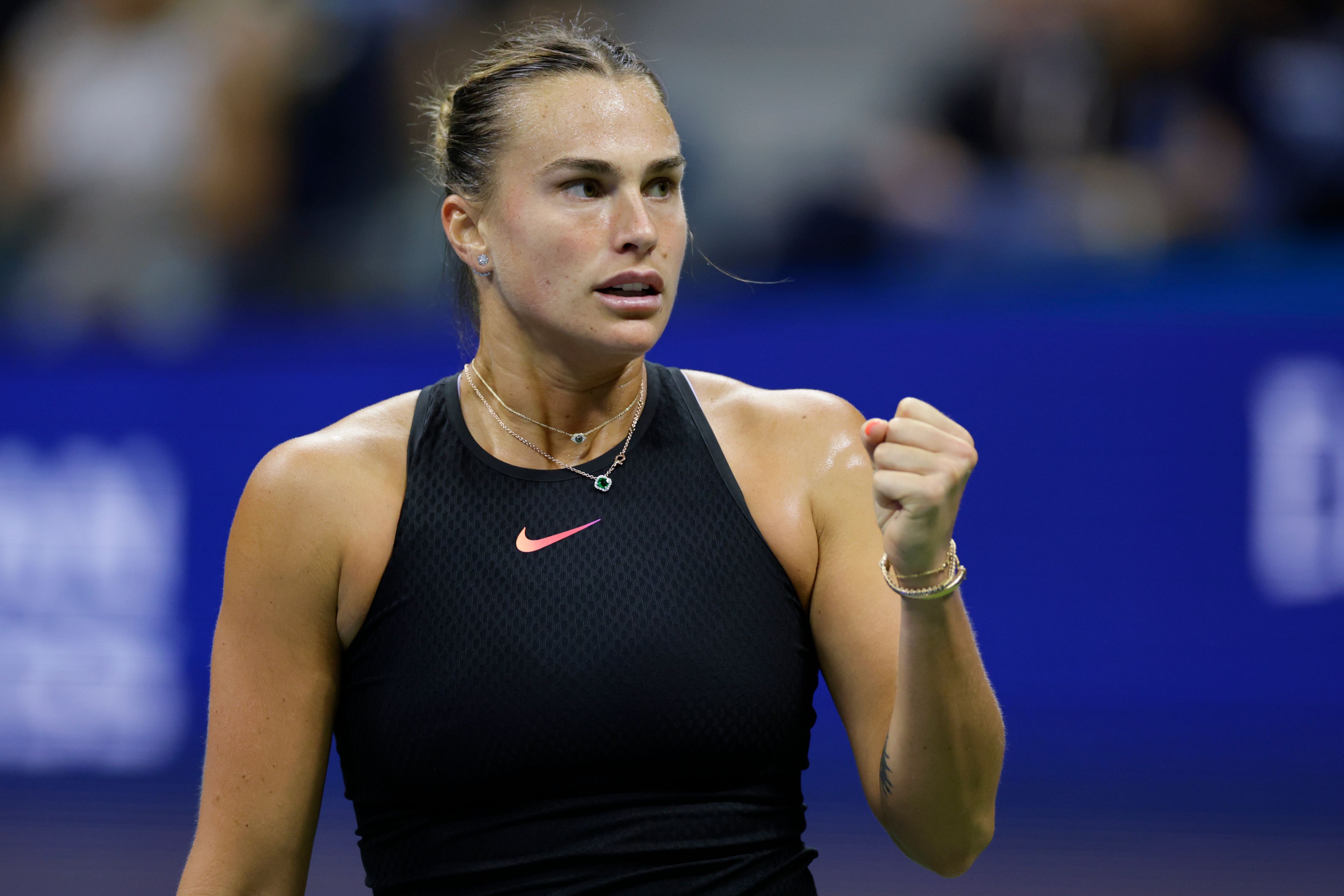 Aryna Sabalenka, of Belarus, pumps her fist after winning the first set against Zheng Qinwen, of China, during the quarterfinals of the U.S. Open tennis championships, Tuesday, Sept. 3, 2024, in New York.