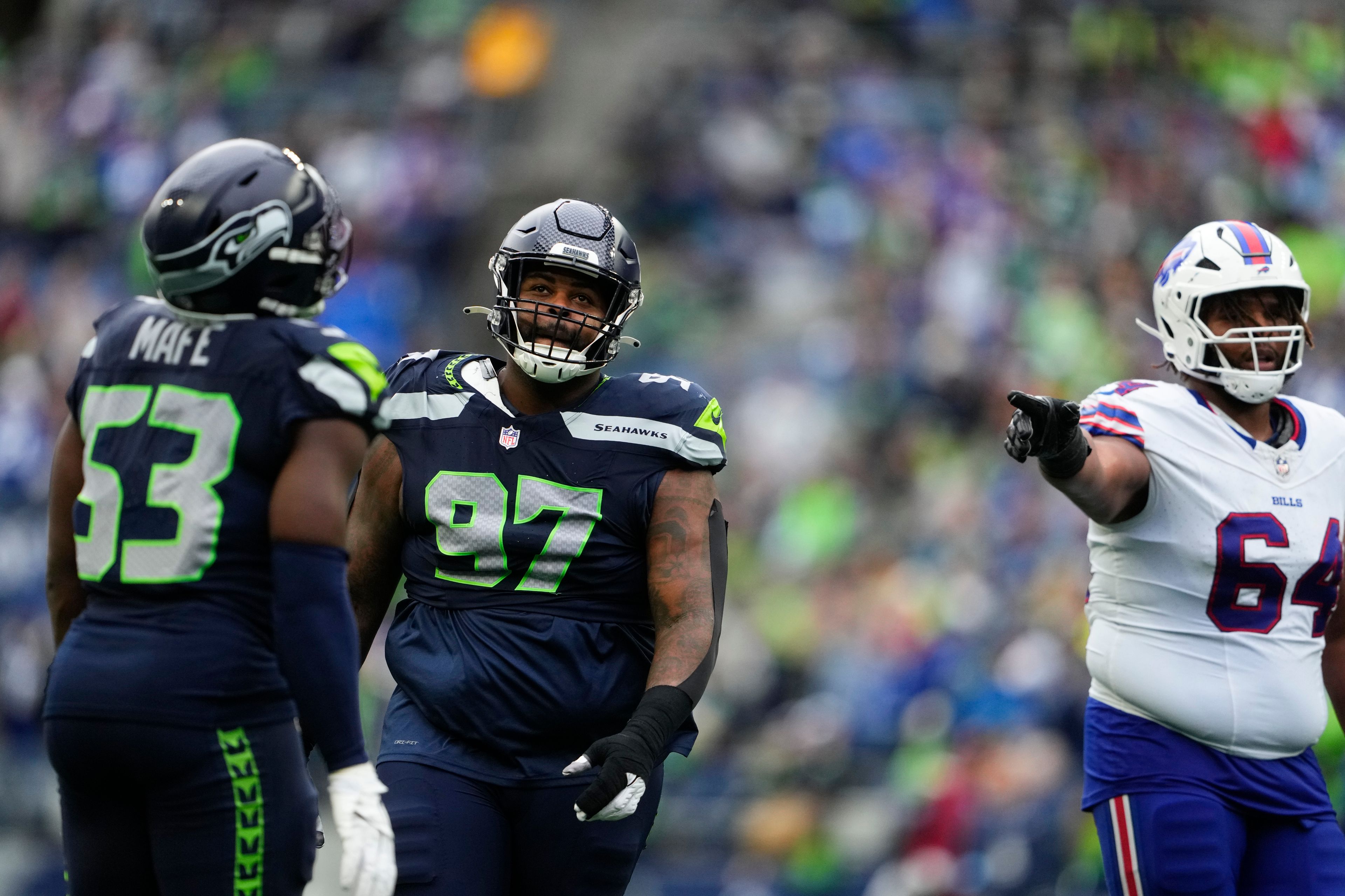 Seattle Seahawks defensive tackle Johnathan Hankins (97) reacts during the second half of Sunday's game.