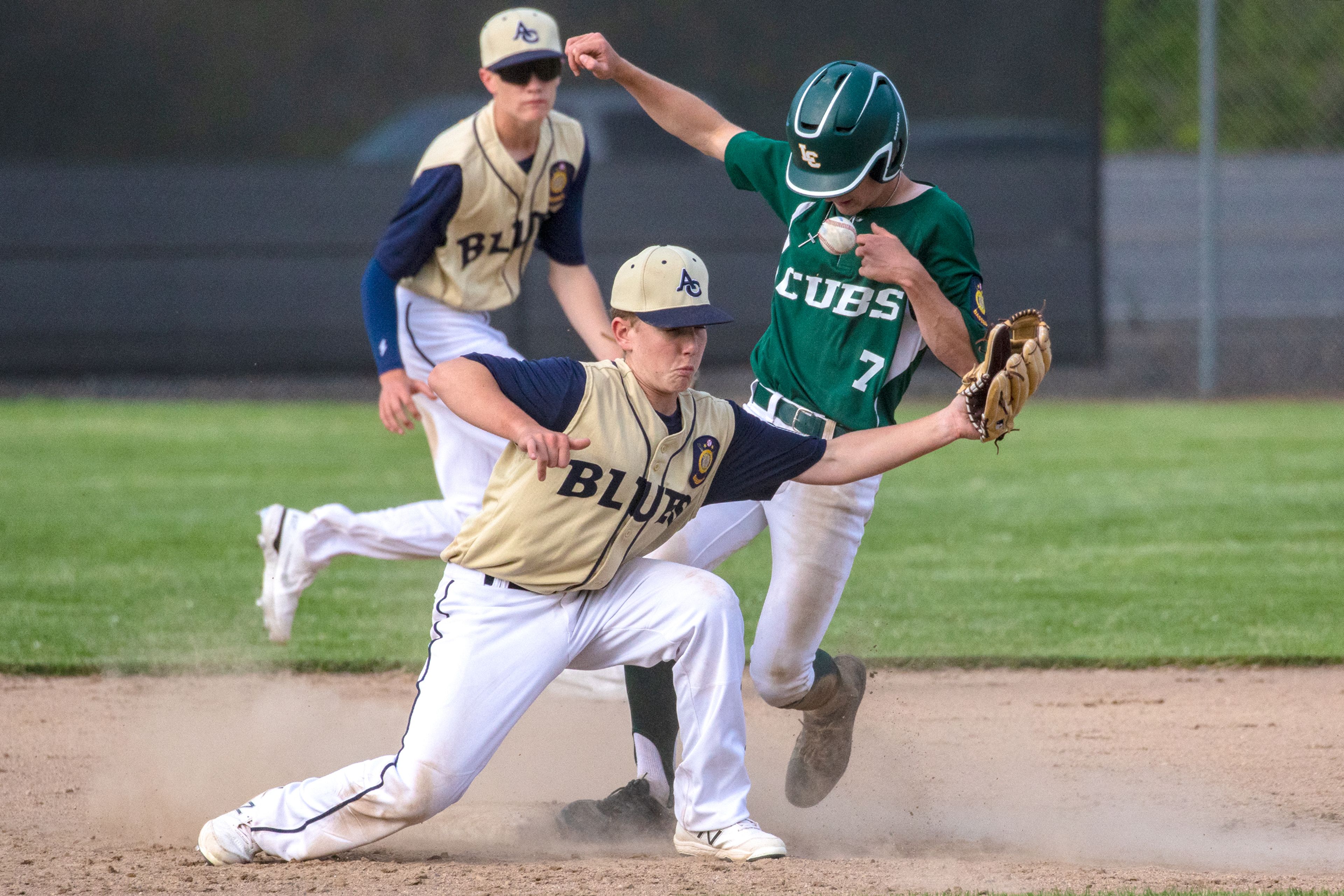 Asotin County Blues second baseman Gavin Ells can’t catch a throw as the Lewis-Clark Cubs’ Guy Krasselt makes it to second base safely during an American Legion baseball game Tuesday.