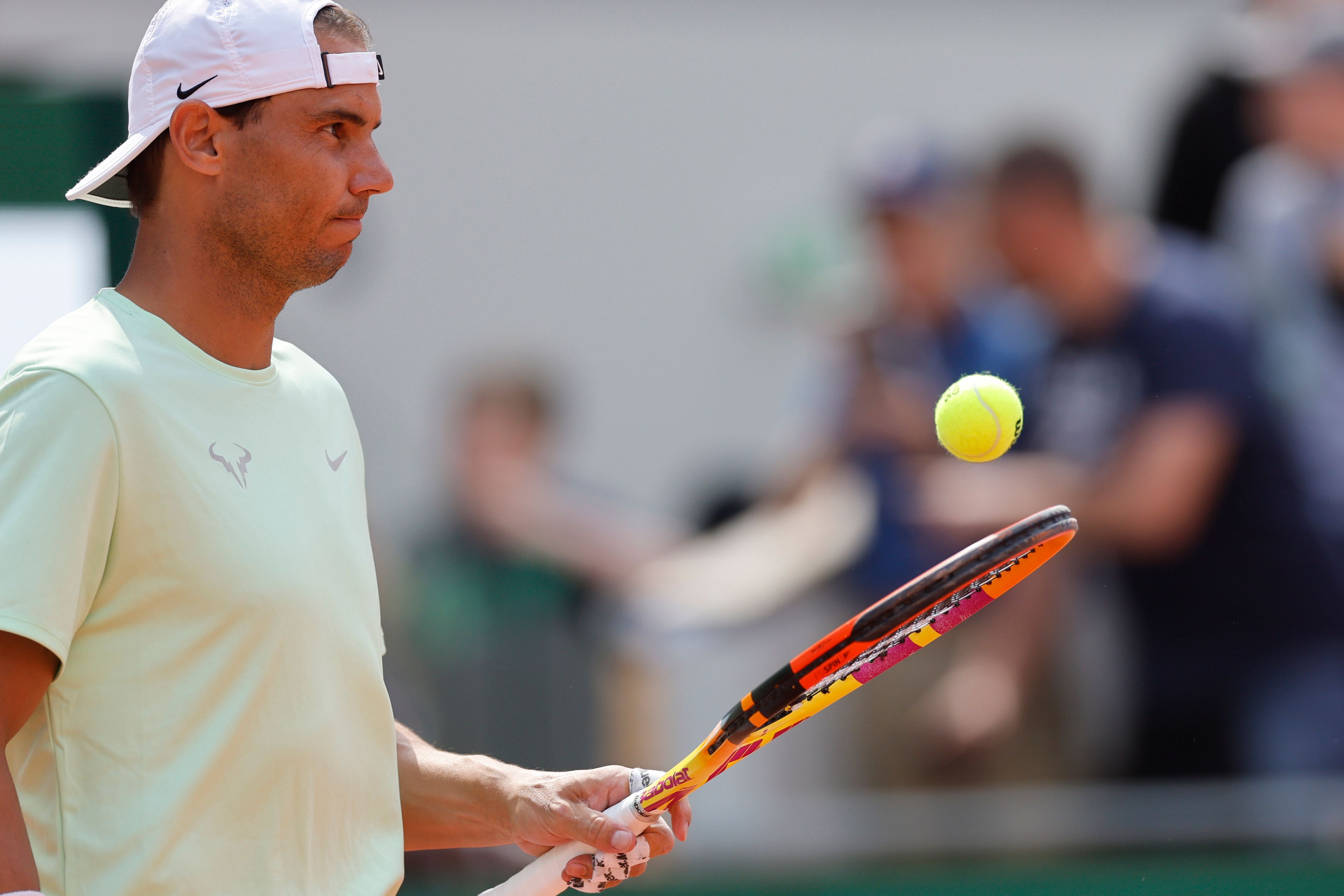 Spain's Rafael Nadal trains at the Roland Garros stadium, Saturday, May 25, 2024 in Paris. The French Open tennis tournament starts Sunday May 26, 2024.