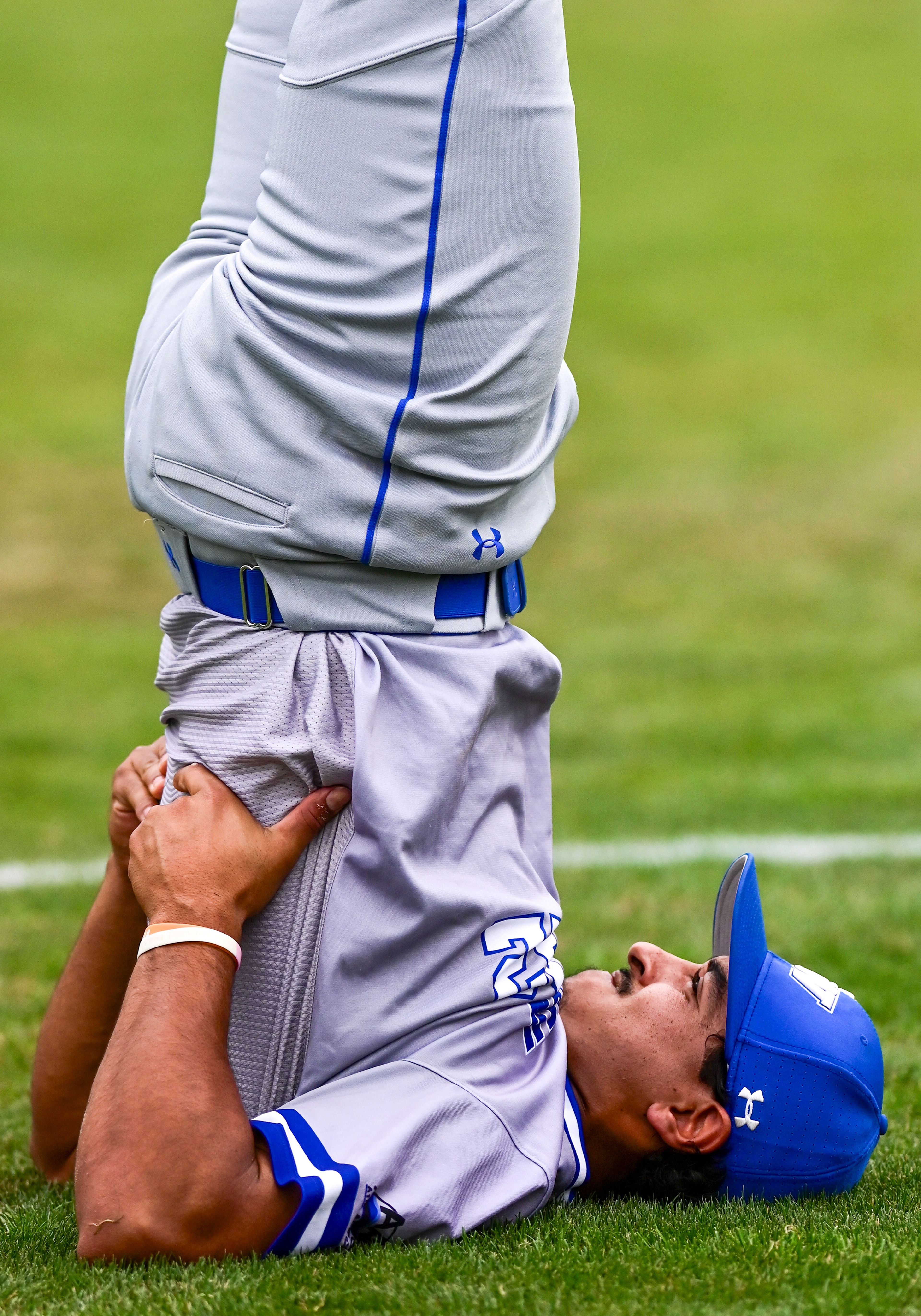 Tennessee Wesleyan’s Marco Martinez stretches before the start of a game against Cumberlands on the opening day of the NAIA World Series, Friday, May 24, at Harris Field in Lewiston.