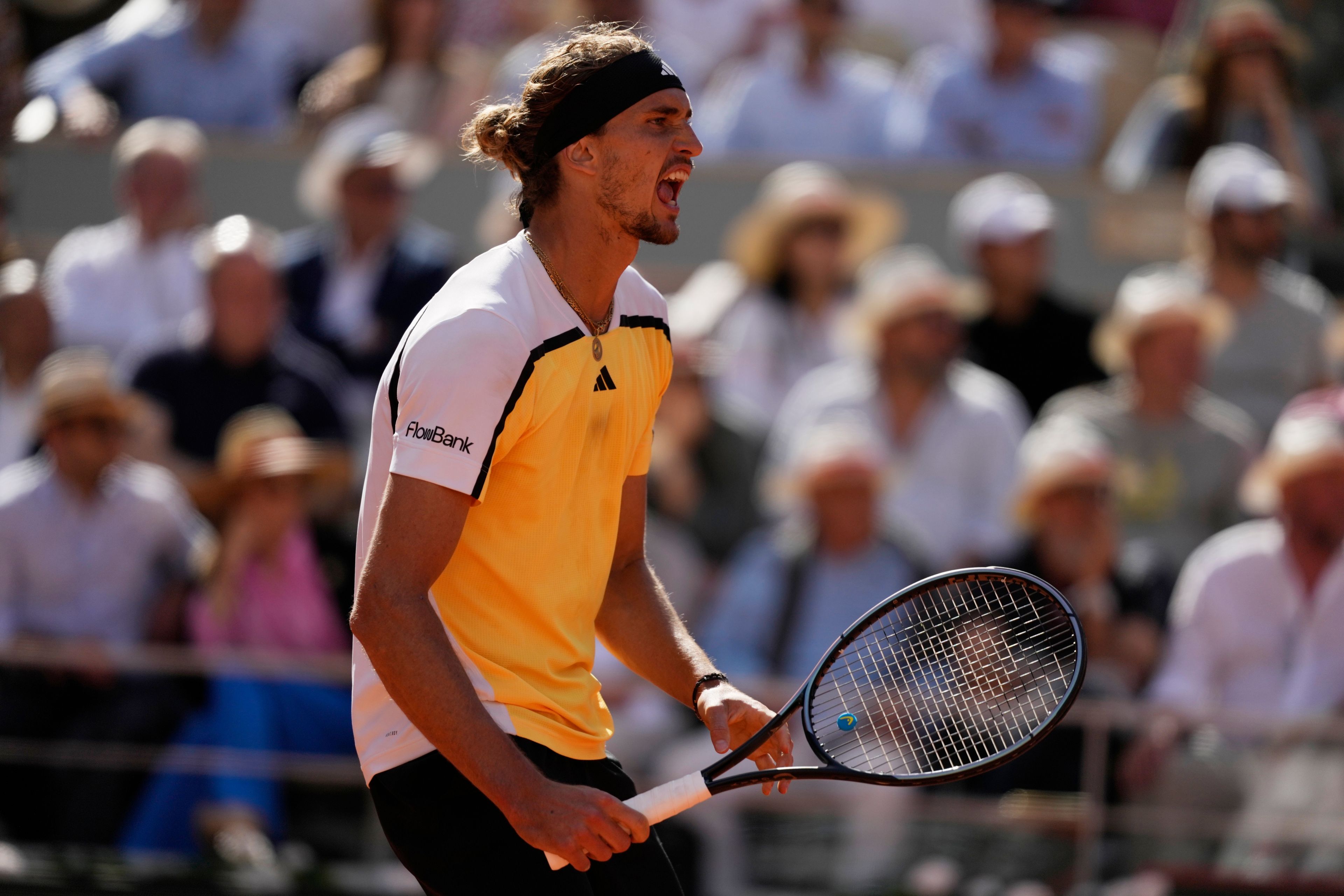 Germany's Alexander Zverev reacts as he plays against Spain's Carlos Alcaraz during the men's final match of the French Open tennis tournament at the Roland Garros stadium in Paris, Sunday, June 9, 2024.