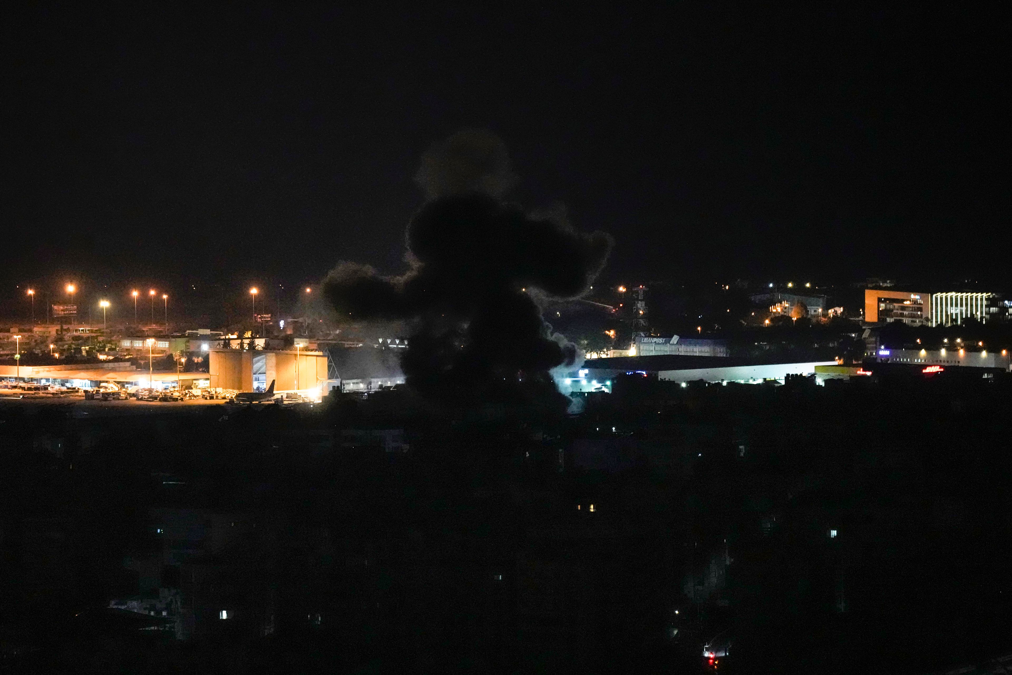 Smoke rises from Israeli airstrikes in Beirut's southern suburbs, Lebanon, Saturday, Sept. 28, 2024. (AP Photo/Bilal Hussein)