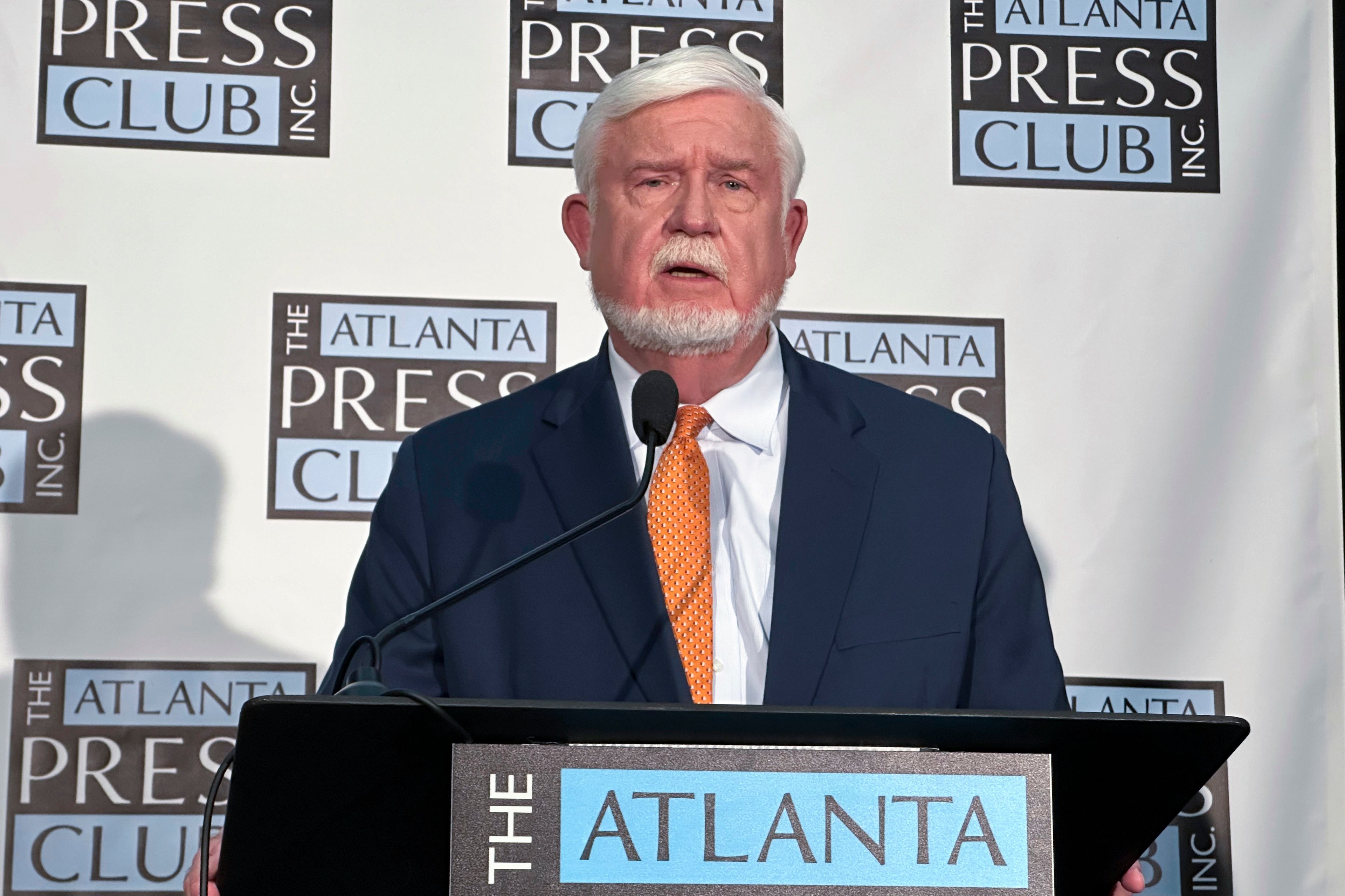 Georgia Republican congressional candidate Wayne Johnson speaks to reporters on Sunday, June 9, 2024, in Atlanta, after his Republican opponent Chuck Hand walked out of a debate. Hand said he refused to debate Johnson ahead of the June 18 runoff for the Republican nomination in the 2nd Congressional District because of attacks on Hand's wife.