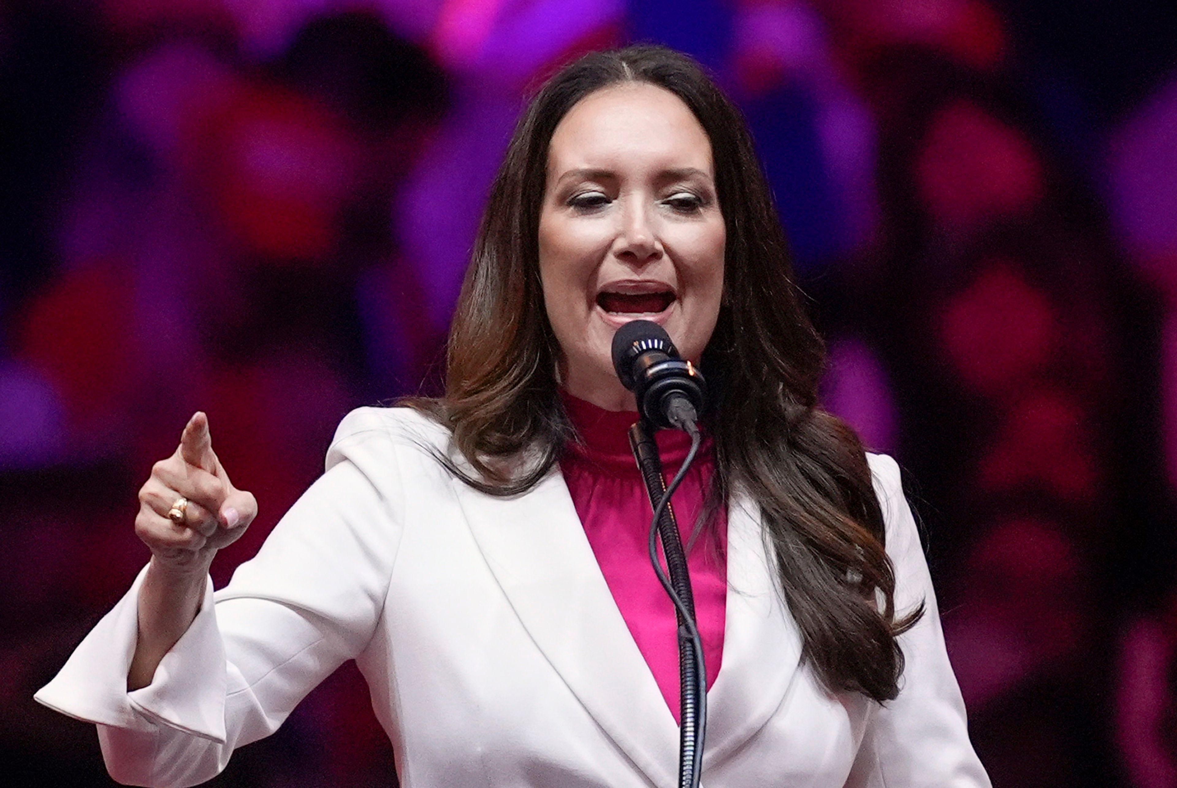 FILE - Brooke Rollins speaks at a campaign rally at Madison Square Garden, Oct. 27, 2024, in New York. (AP Photo/Evan Vucci, File)