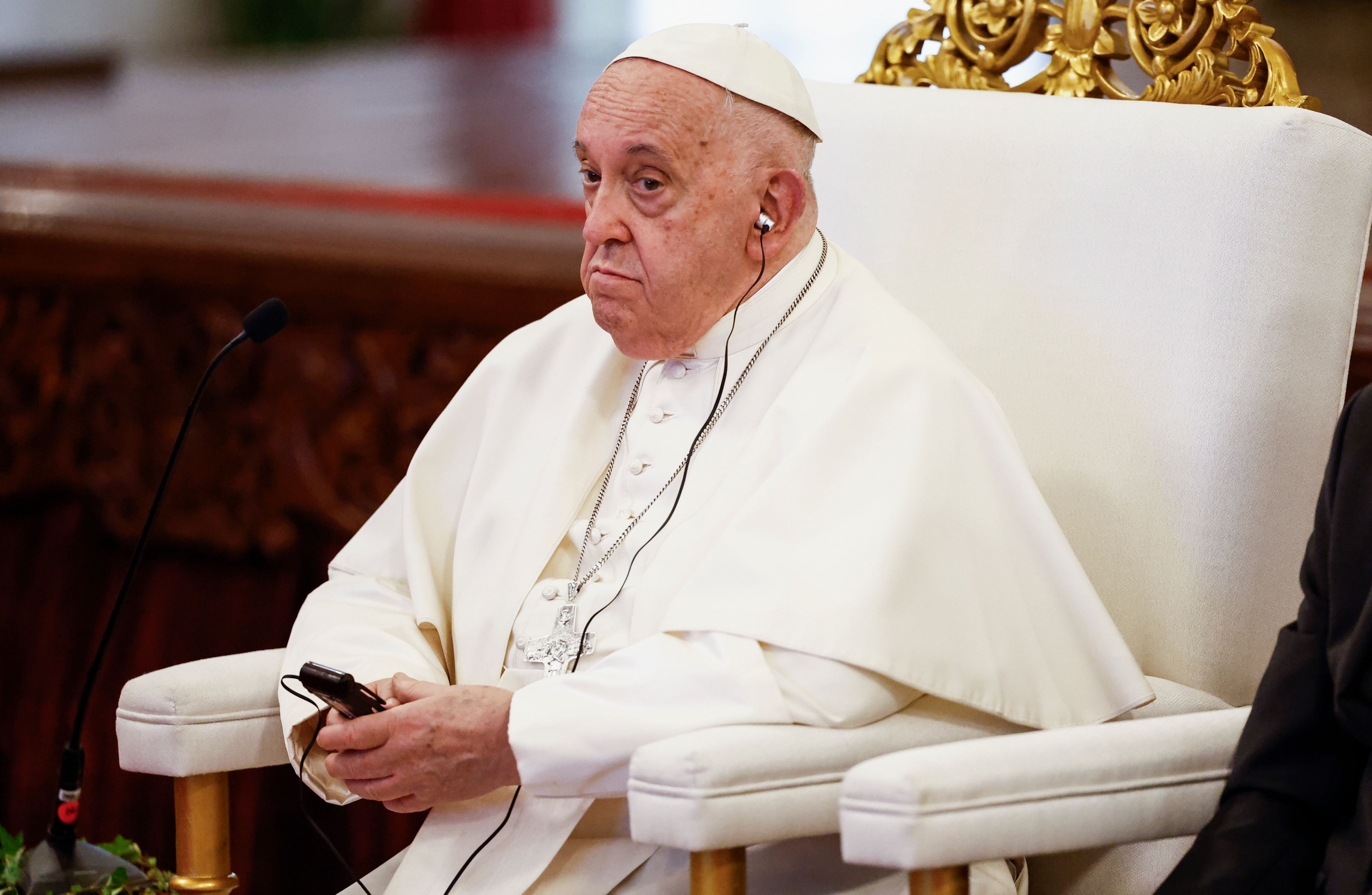 Pope Francis attends a meeting with Indonesian authorities, civil society and the diplomatic corps, during his apostolic visit to Asia, at the Presidential Palace in Jakarta Wednesday, Sept. 4, 2024.