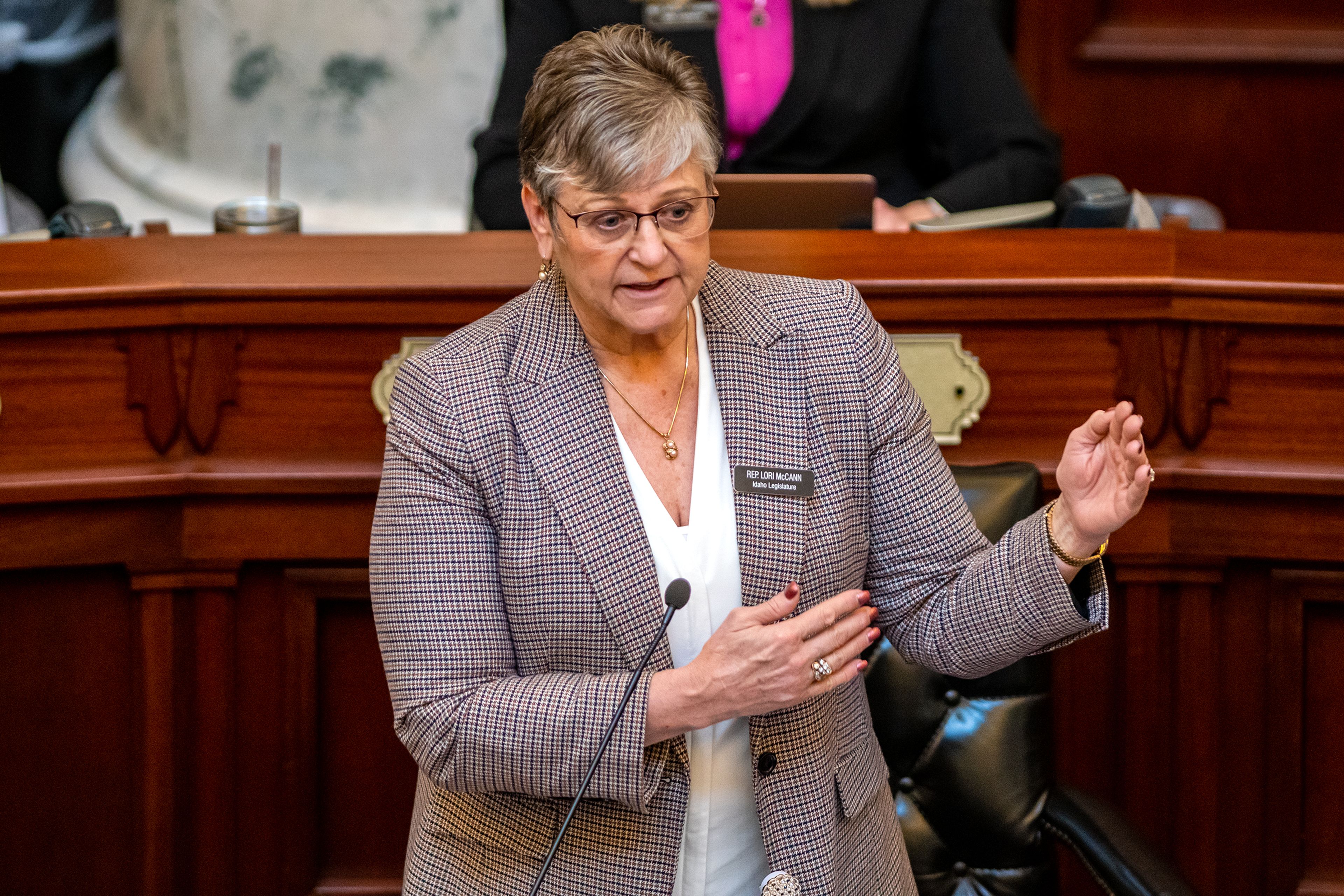 Representative Lori McCann addresses the Idaho House of Representatives on Tuesday during a legislative session regarding a ban on transgender care for minors at the Capitol Building in Boise.