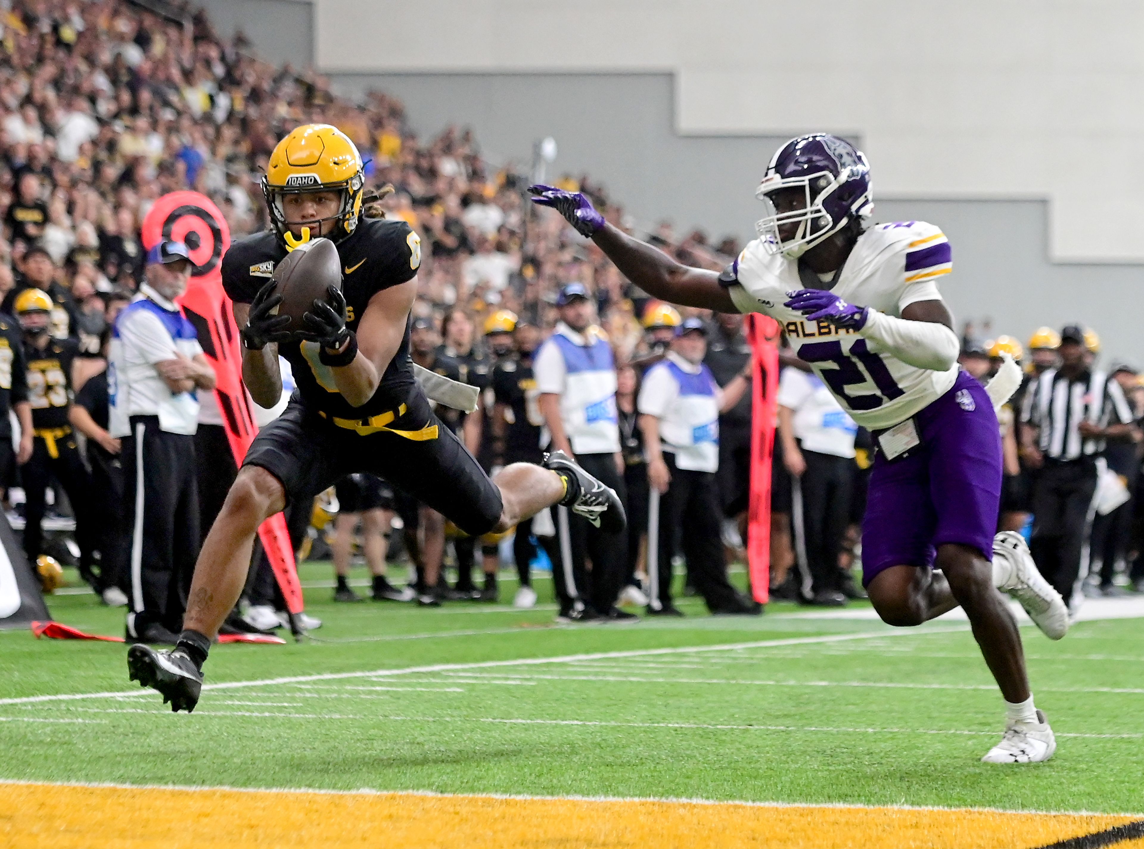 Idaho Vandals wide receiver Jordan Dwyer (6) gets his hands around the ball before losing control of it just short of the end zone Sept. 14 at the P1FCU Kibbie Dome in Moscow.