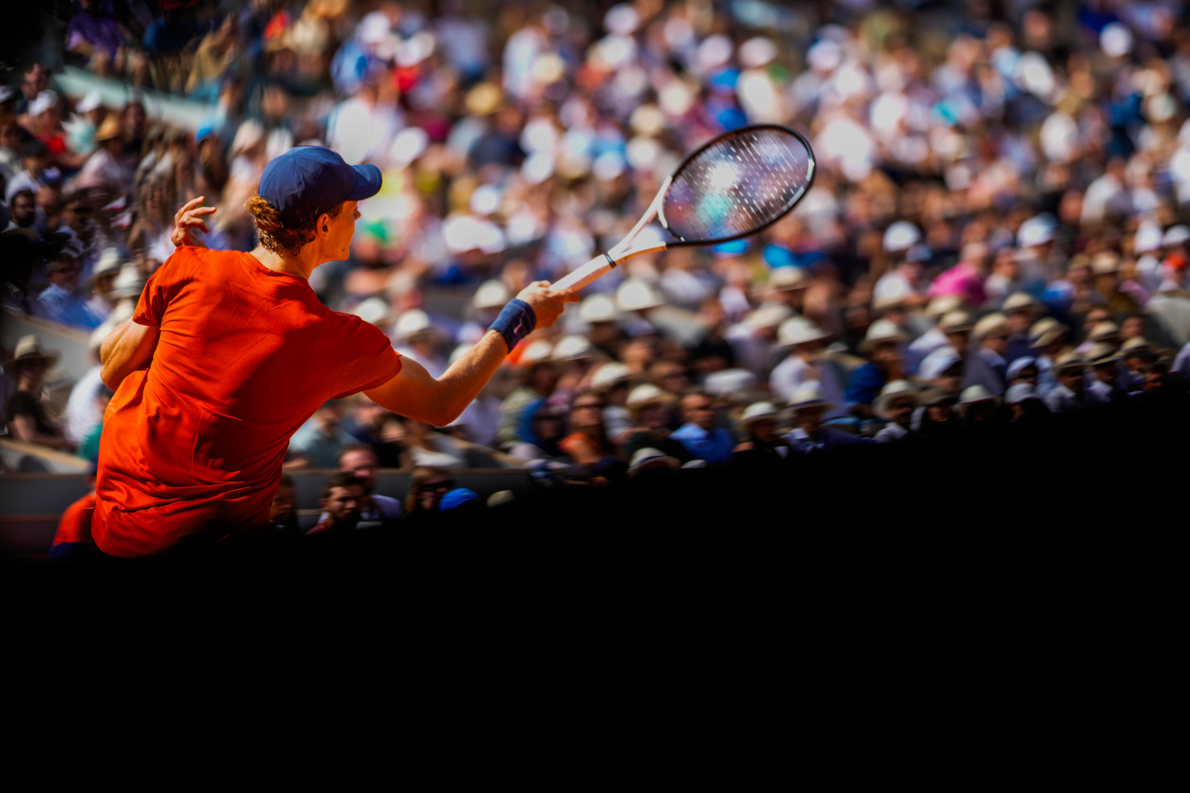 Italy's Jannik Sinner plays a shot against Bulgaria's Grigor Dimitrov during their quarterfinal match of the French Open tennis tournament at the Roland Garros stadium in Paris, Tuesday, June 4, 2024.