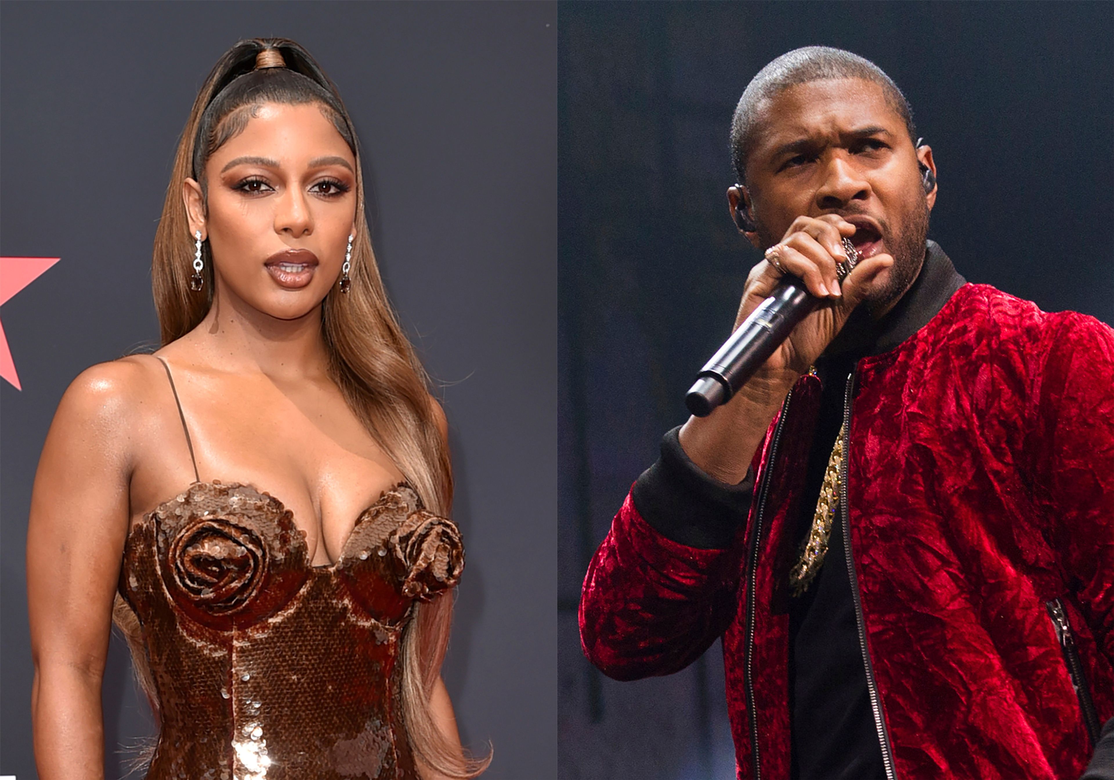 This combination of photos shows Victoria Monet at the BET Awards in Los Angeles on June 26, 2022, left, and Usher performs at Power 105.1's Powerhouse 2016 at Barclays Center in New York on Oct. 27, 2016.