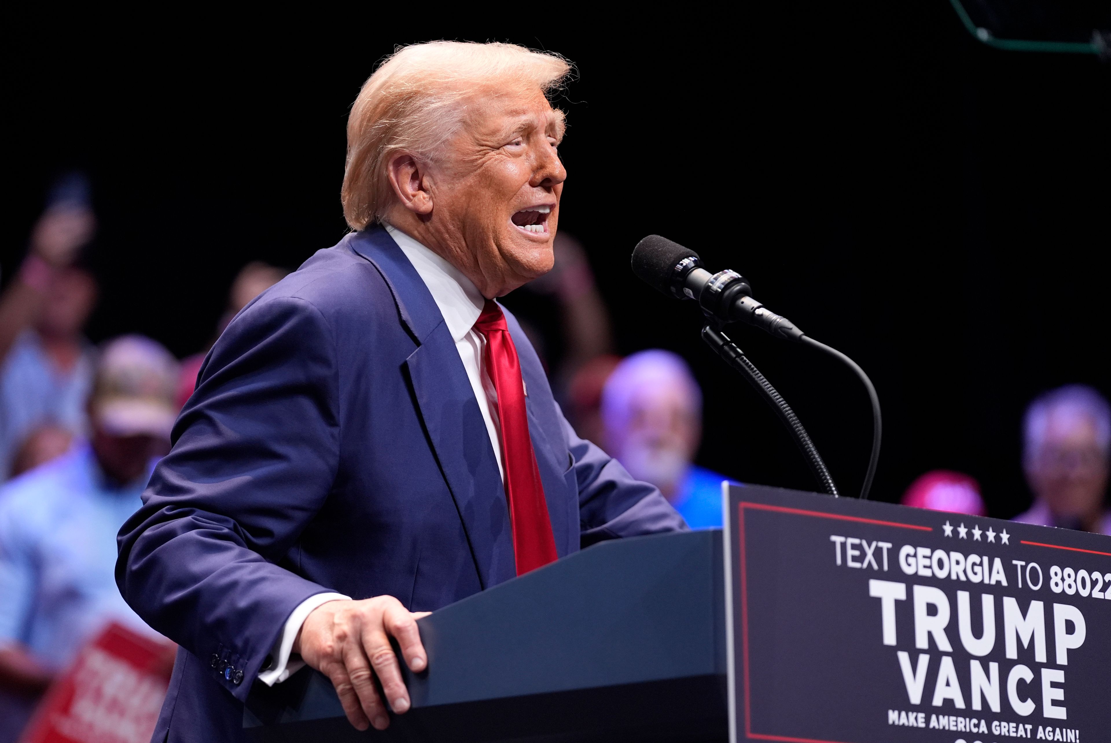 Republican presidential nominee former President Donald Trump speaks about the tax code and manufacturing at the Johnny Mercer Theatre Civic Center, Tuesday, Sept. 24, 2024, in Savannah, Ga. (AP Photo/Evan Vucci)