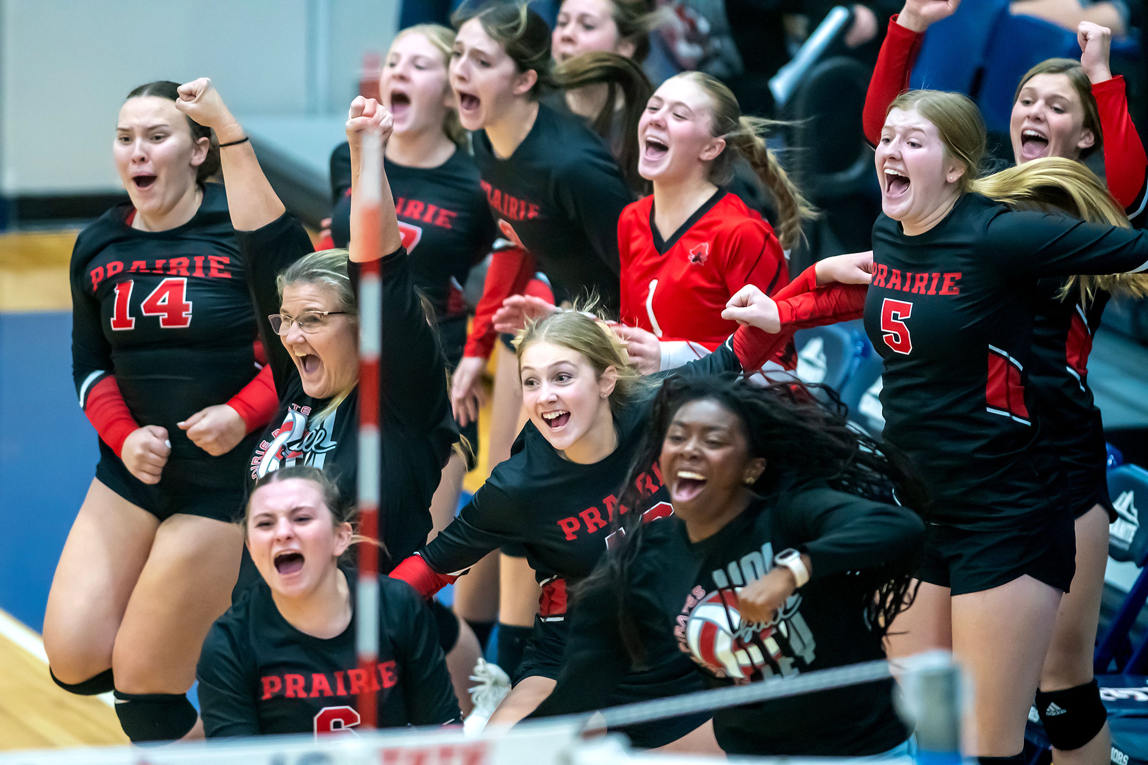 The Prairie Pirates cheer as they celebrate defeating Potlatch to qualify for the Class 1A Idaho state tournament on Thursday at the P1FCU Activity Center in Lewiston.