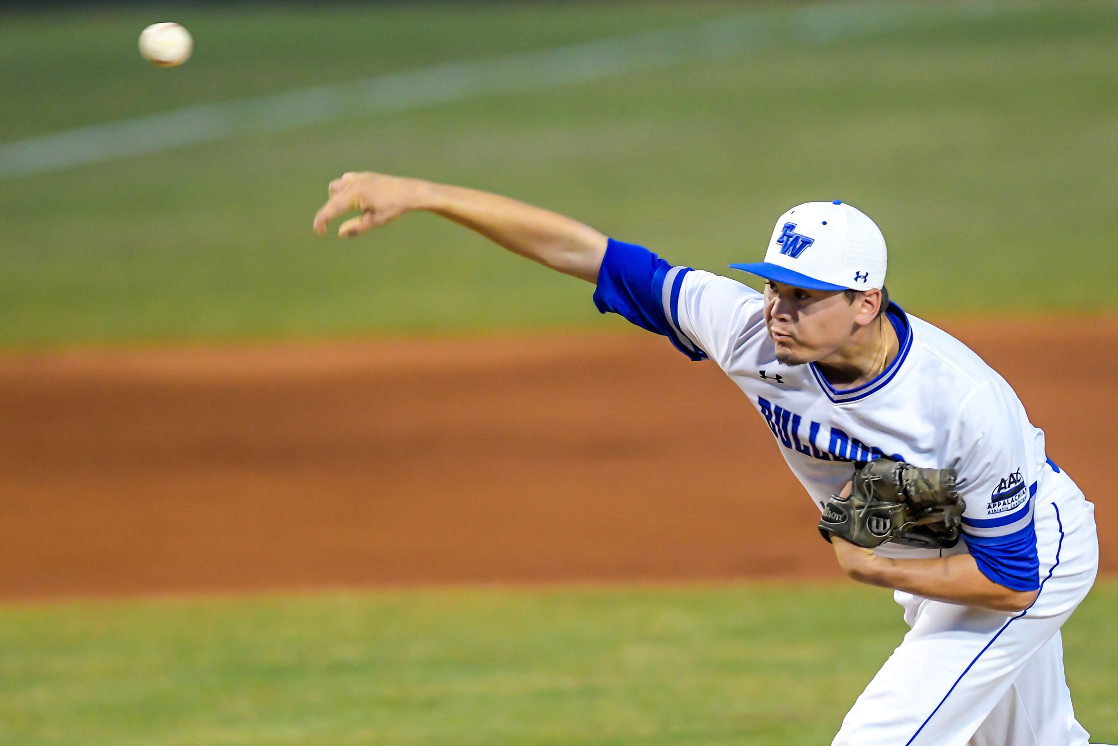 Tennessee Wesleyan pitcher Sam Rochard throws a pitch against Georgia Gwinnett in Game 12 of the NAIA World Series at Harris Field Monday in Lewiston.