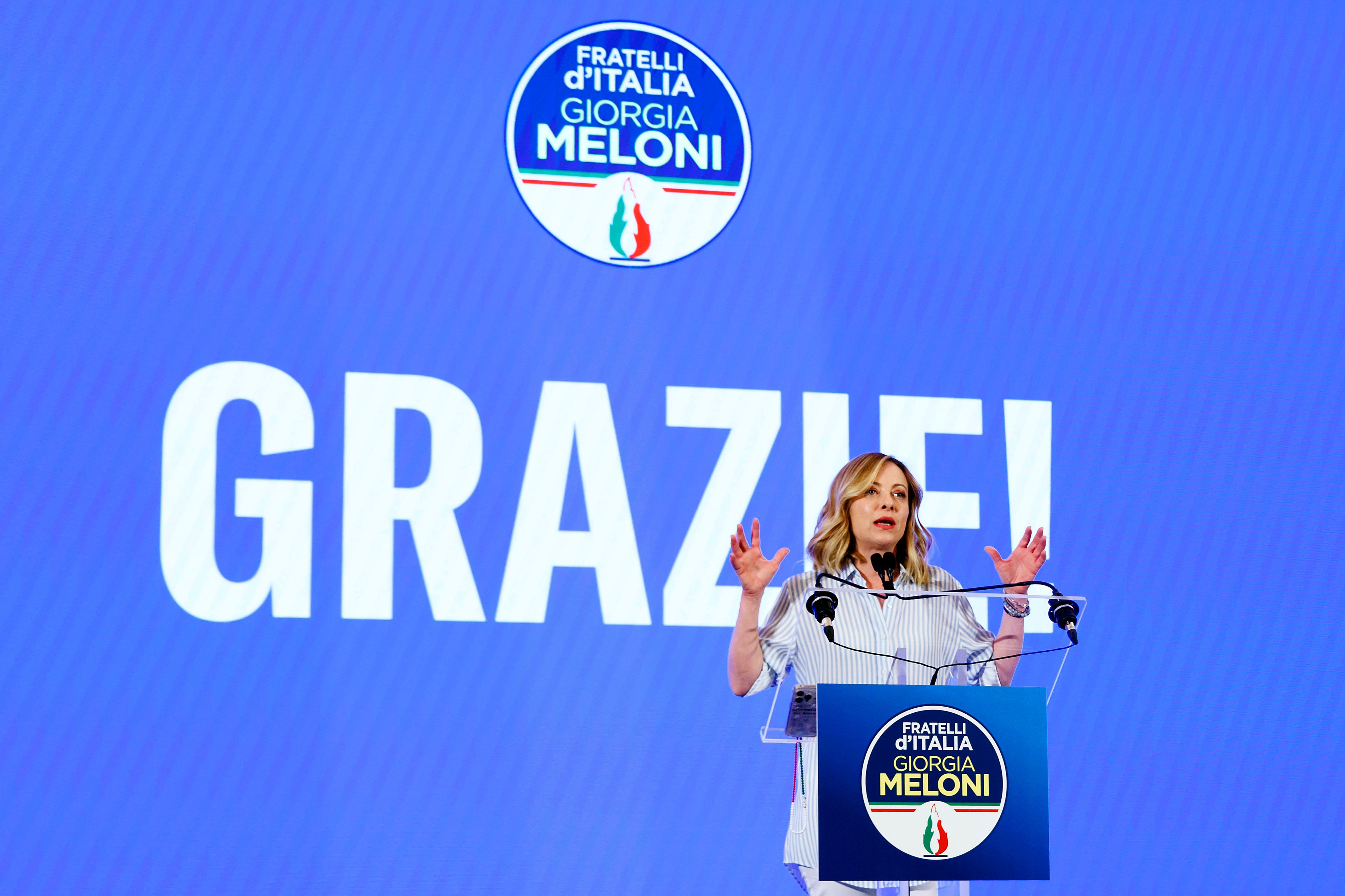 Italian Prime Minister Giorgia Meloni speaks about the results of the European Parliamentary elections at a press conference at the Fratelli d'Italia party electoral committee in Rome, Monday, June 10, 2024.