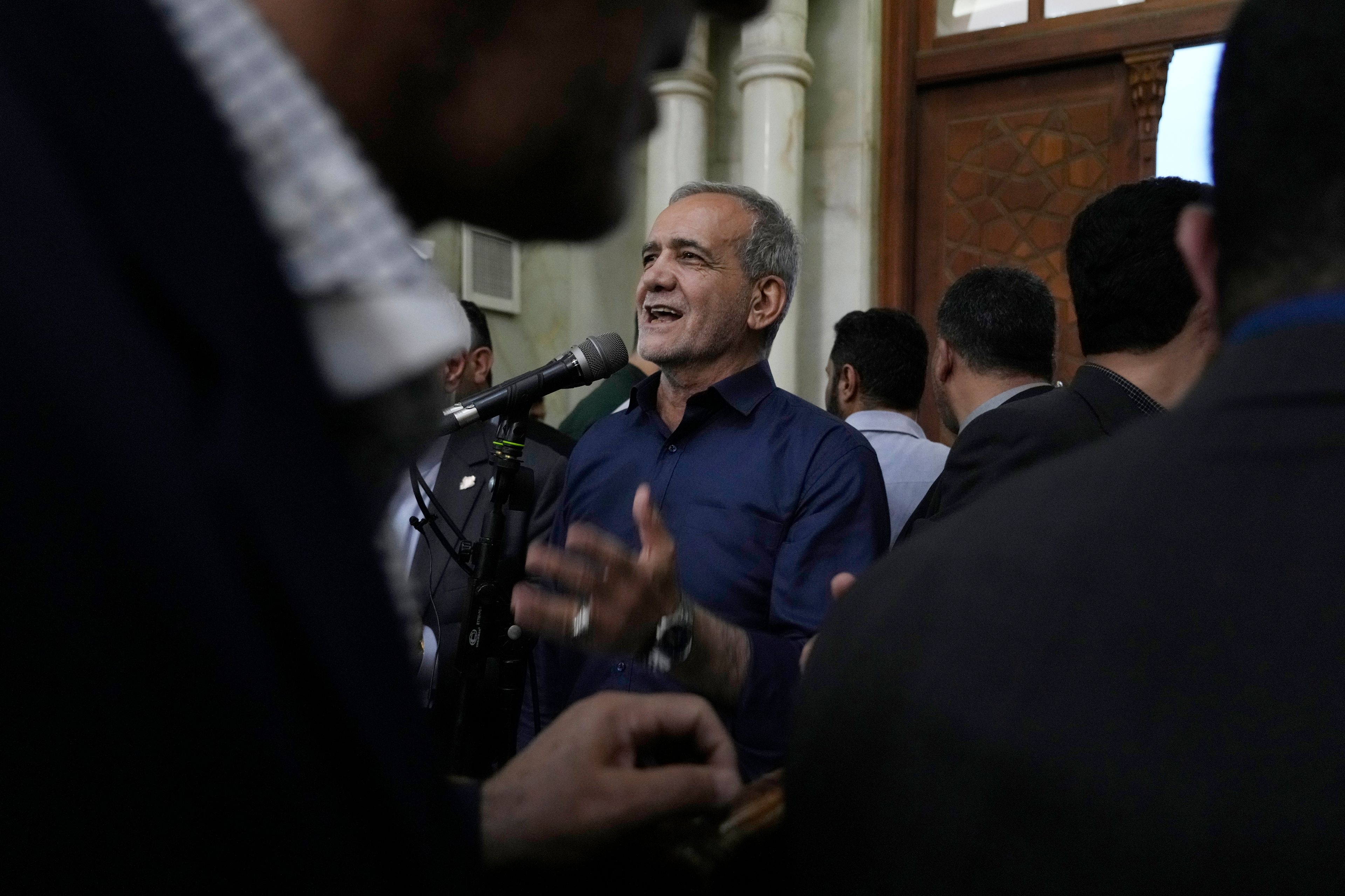 Iran's President-elect Masoud Pezeshkian speaks in a meeting a day after the presidential election, at the shrine of the late revolutionary founder Ayatollah Khomeini, just outside Tehran, Iran, Saturday, July 6, 2024. (AP Photo/Vahid Salemi)