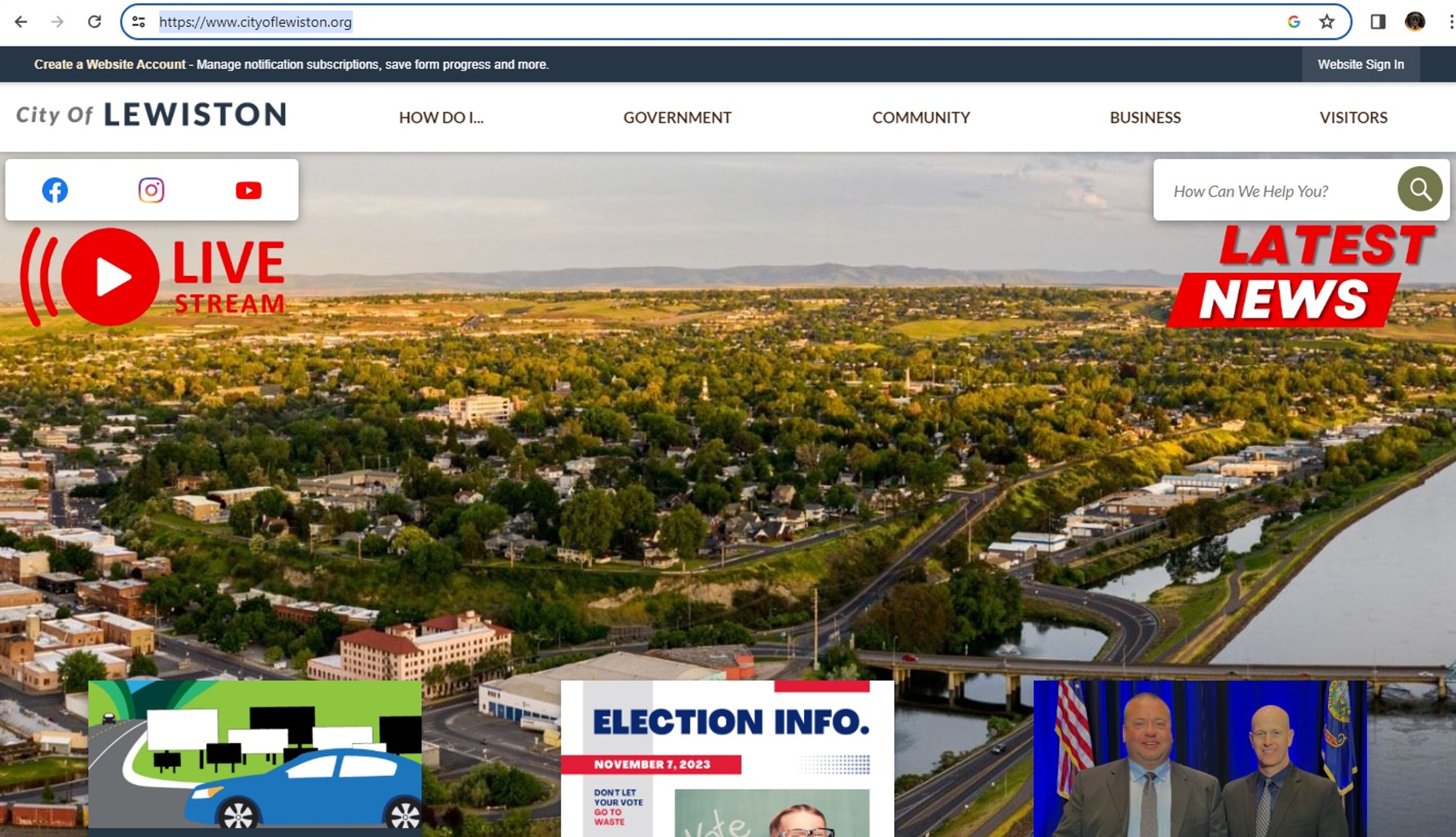 This screen shot shows the website for the city of Lewiston, Idaho.