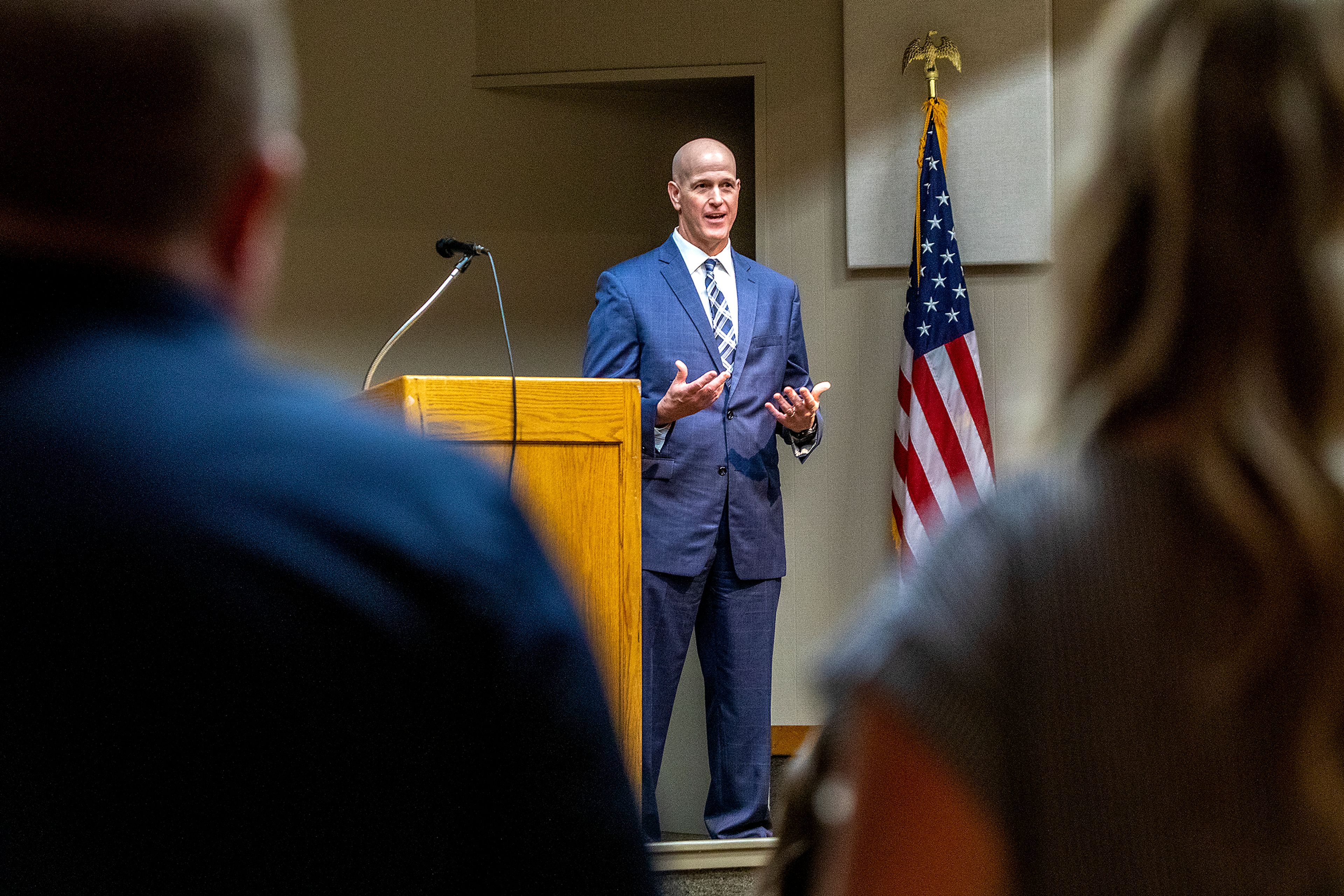 Candidate for Lewiston police chief Jason Kuzik speaks at a meet and greet Monday.