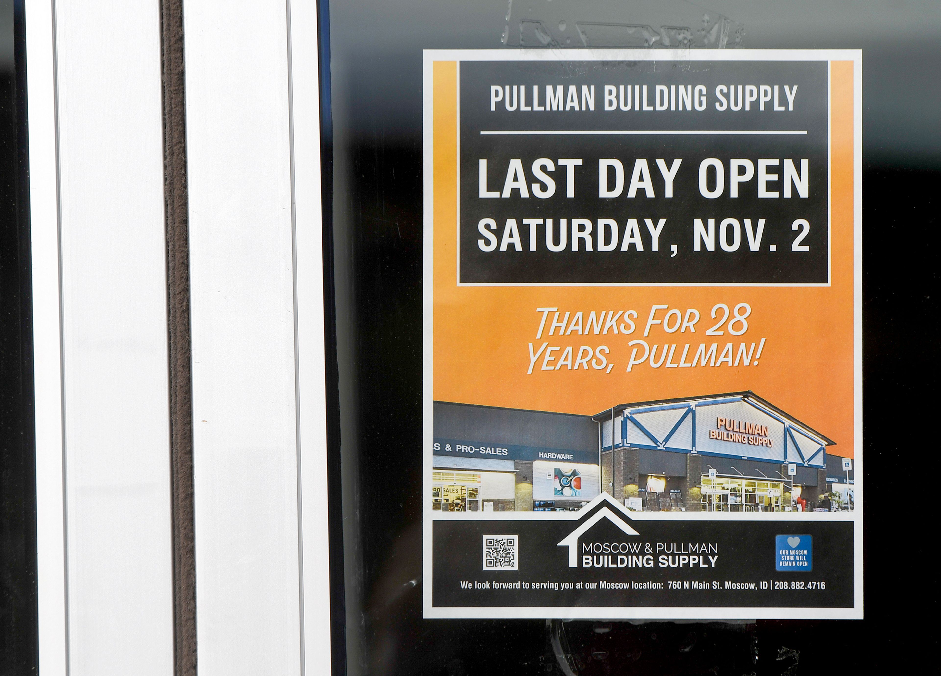 A flyer letting shoppers know the last day of operation is Saturday is taped to the door of Pullman Building Supply on Wednesday in Pullman.